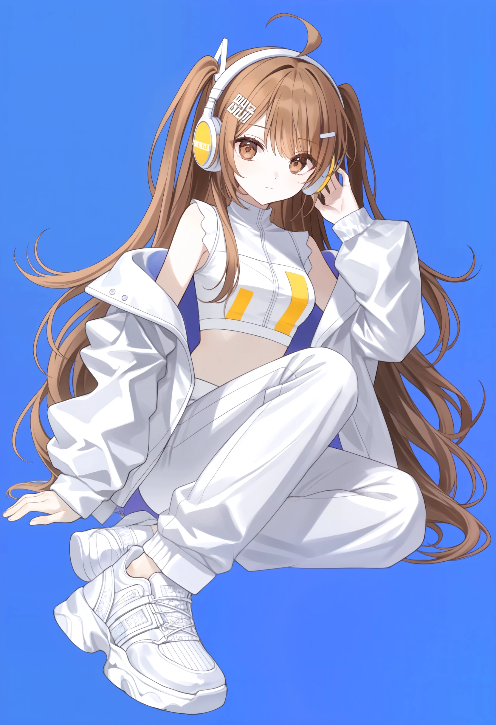 1girl, solo, blue background, hand on headphones, pants, headphones, long hair, jacket, shoes, white jacket, brown hair, white footwear, looking at viewer, simple background, white pants, sitting, brown eyes, closed mouth, full body, crop top, off shoulder, open jacket, sneakers, ahoge, hair ornament, long sleeves, sleeveless, shirt, knee up, open clothes, very long hair, two side up