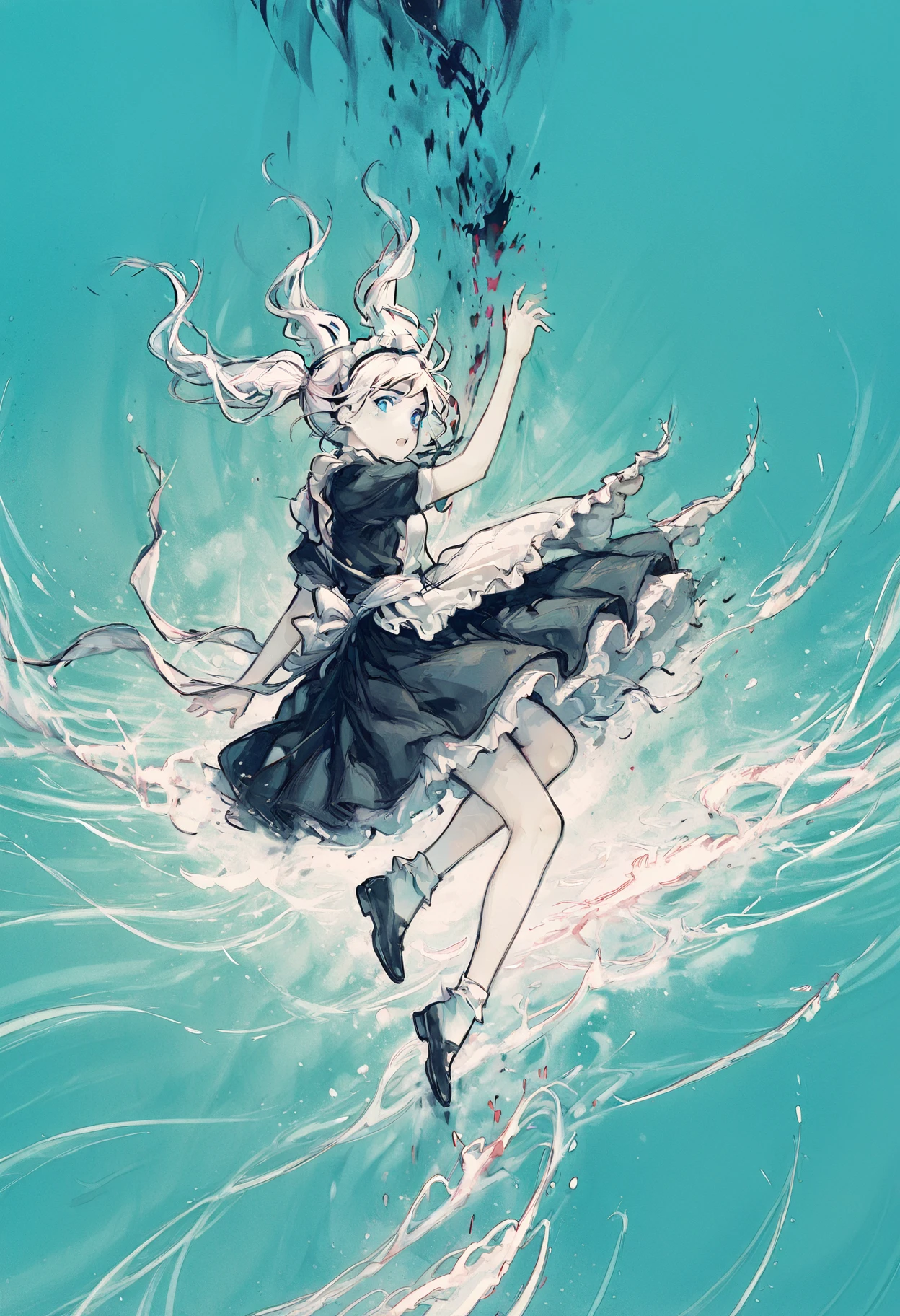 masterpiece, best_quality, highres, flat_color, minimalism, green background, 1girl, solo, white hair, twintails, blue eyes, panicking, maid headdress, frilled apron, skirt, bobby socks, falling, midair, from side, looking at viewer, limited palette,