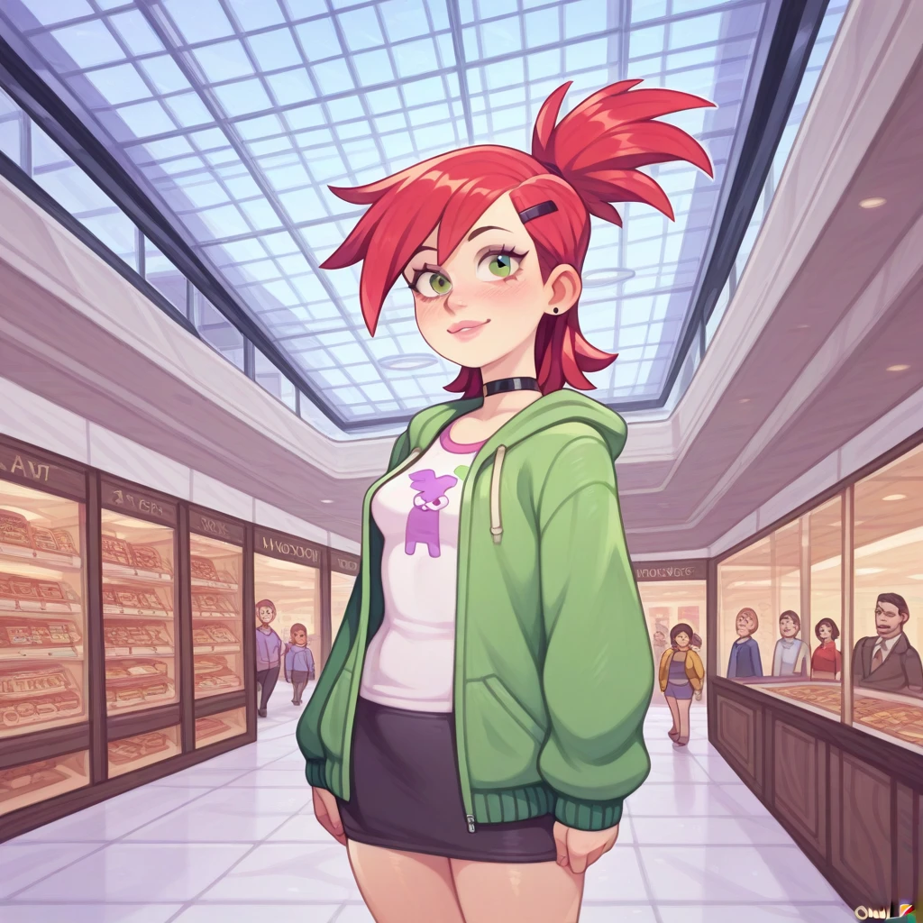 source_western, human, drawn by owler, drawn by cyancapsule, cowboy shot,  ((frankie_foster\(foster's home for imaginary friend\)), green eyes), [[small breasts]],
<lora:Mall_Atrium:1> m411, shopping mall, mall atrium, ((multiple floors, indoor balconies, indoor chasm)), adult crowded, multiples storefronts, glass roof,  spacious interior, (asymmetrical composition),
,(zoomed out)