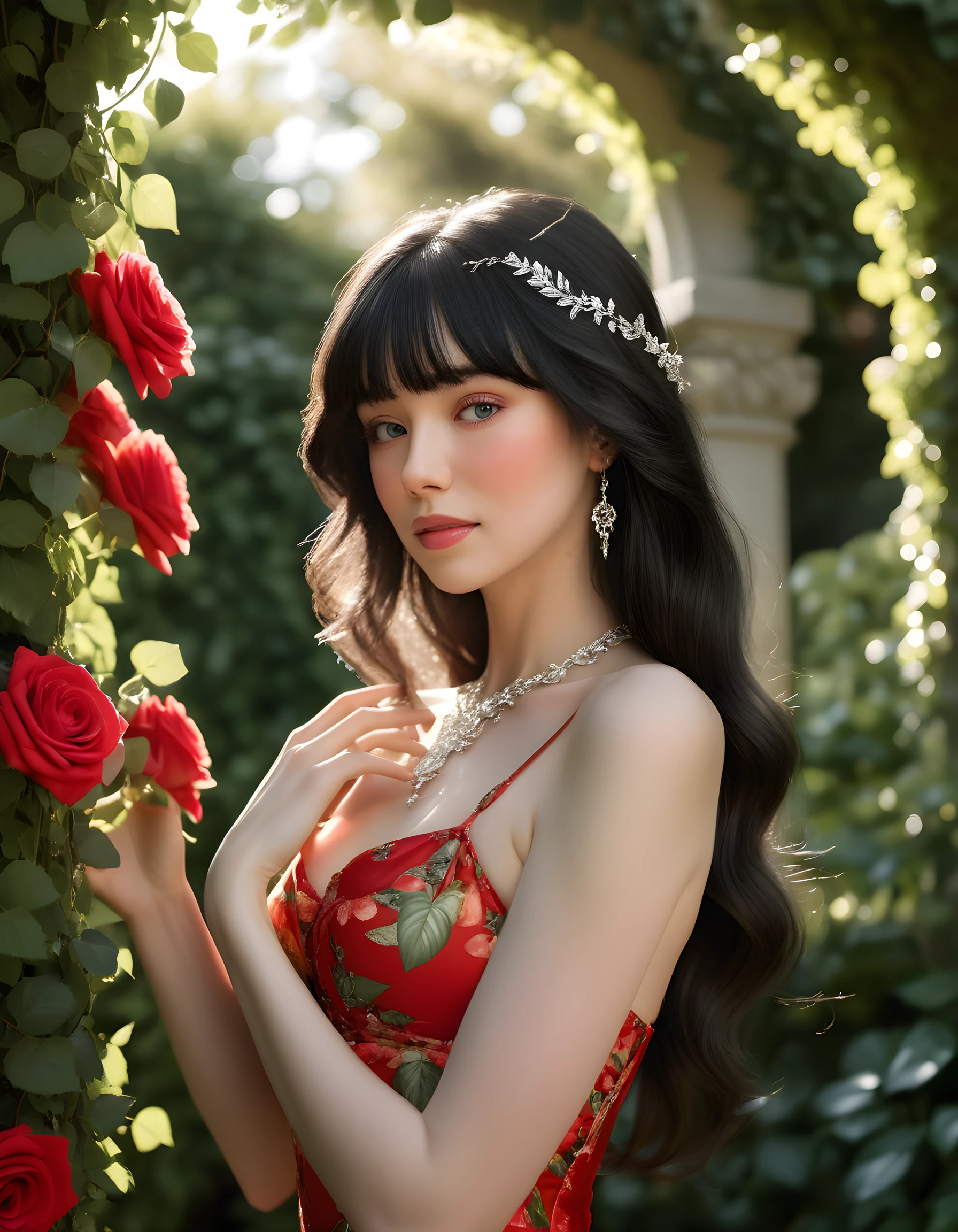 (Best Quality, 4K, 8K, High Definition, Masterpiece:1.2), (Ultra Detailed, Realistic, Photorealistic:1.37), a beautiful young woman with delicate facial features,flower crown,long elegant hair,ornate jeweled headpiece,red silk dress,sitting in a lush garden,surrounded by colorful flowers,intricate background details,cinematic lighting,delicate brushstrokes,oil painting,highly detailed,dramatic,romantic,soft color palette,dreamlike atmosphere