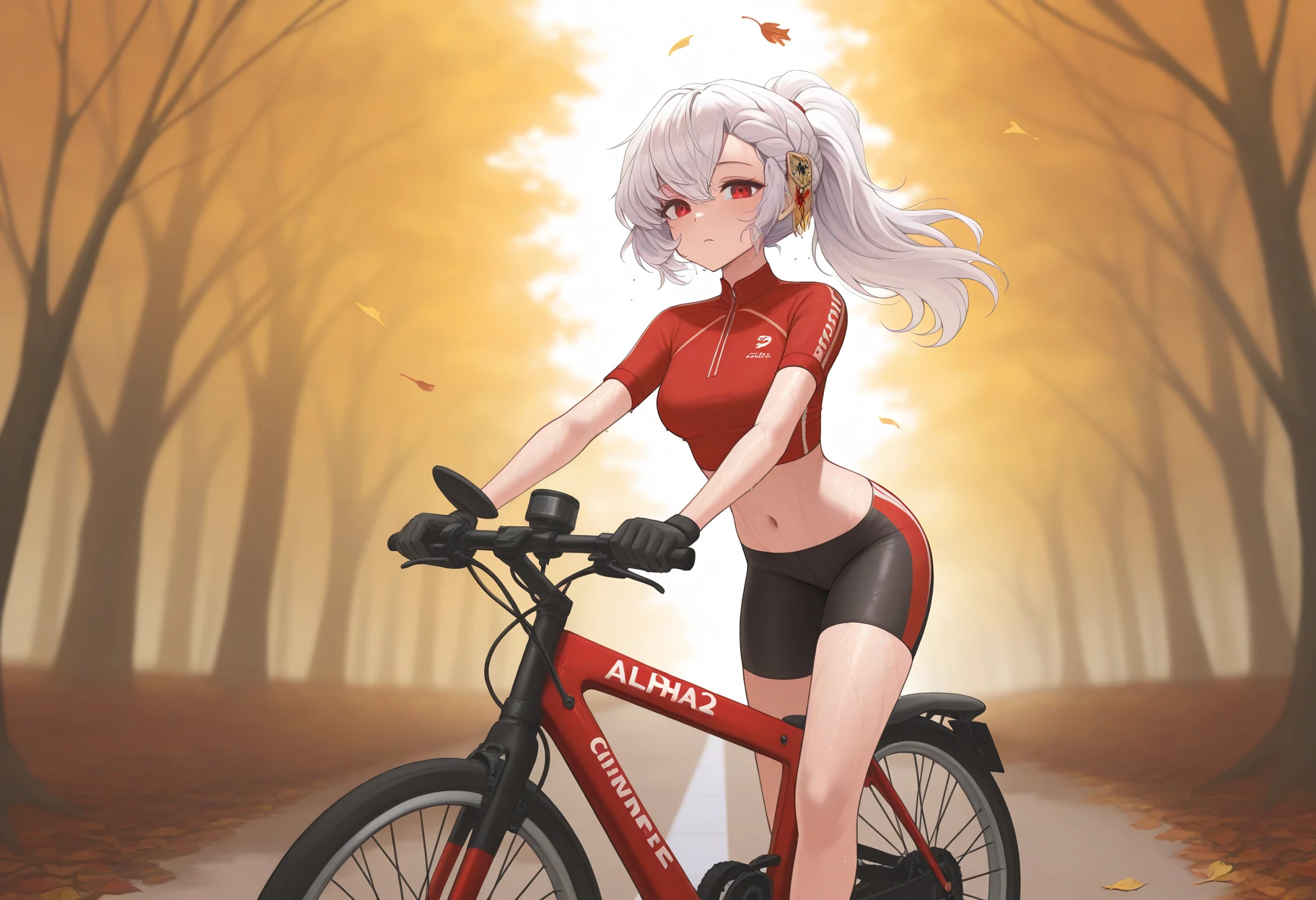 masterpiece, best quality, amazing quality, very aesthetic, absurdres,newest, dynamic, vgp342 quality,
autumn, leaves, bike path, bike,
1girl, solo, <lora:645654:1>, alpha1918, middle breasts, white hair, red eyes, hair ornament, sexy, ponytail hair, sport outfit, bike shorts, navel, sport top, sexy, small breasts, wet, fit,
looking at viewer, on bike