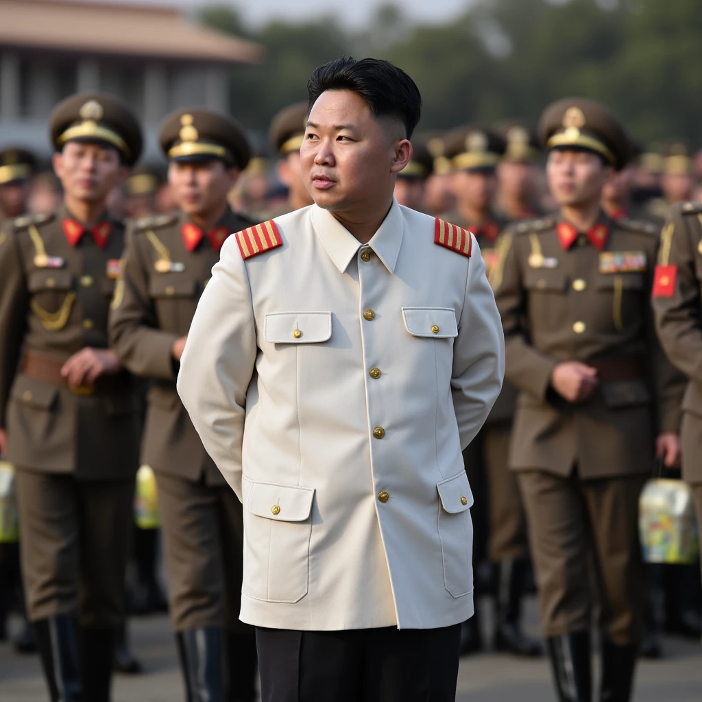 cinematic film still of  <lora:cinematic style Flux Meets The World style v0.9 9000:0.7>
Kim Jong Un In cinematic style, North Korea Asian style a man in a military uniform standing in front of a group of soldiers, perfect cinematic image, sharp image, detailed image, Kodak film style, high quality cinematic photography, cinematic style, North Korean style, short hair, black hair, long sleeves, standing, jacket, outdoors, solo focus, pants, blurry, uniform, looking to the side, buttons, military, facial hair, military uniform, arms behind back, pocket, epaulettes, mustache, crowd, soldier, army, solo, real life insert, closed mouth, white jacket, lantern, very short hair, paper lantern, shallow depth of field, vignette, highly detailed, high budget, bokeh, cinemascope, moody, epic, gorgeous, film grain, grainy