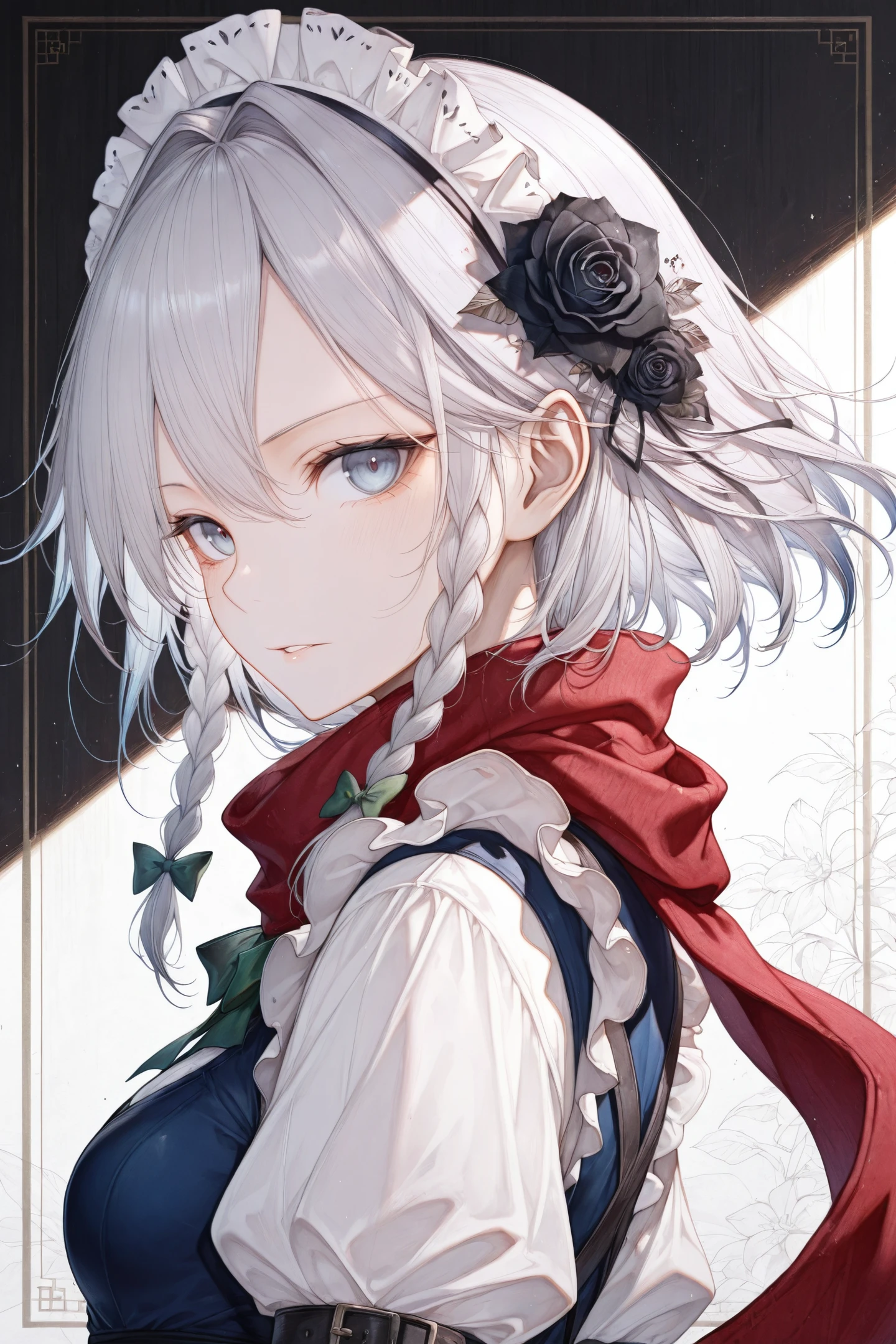1girl,izayoi sakuya,solo,braid,maid headdress,red scarf,black flower,looking at viewer,upper body,flower,short hair,parted lips,from side,hair ornament,bow,maid,black rose,hair bow,scarf,hair flower,white hair,twin braids,green bow,rose,blue eyes,grey hair,
<lora:Hito komoru_illustriousXL:0.8>,