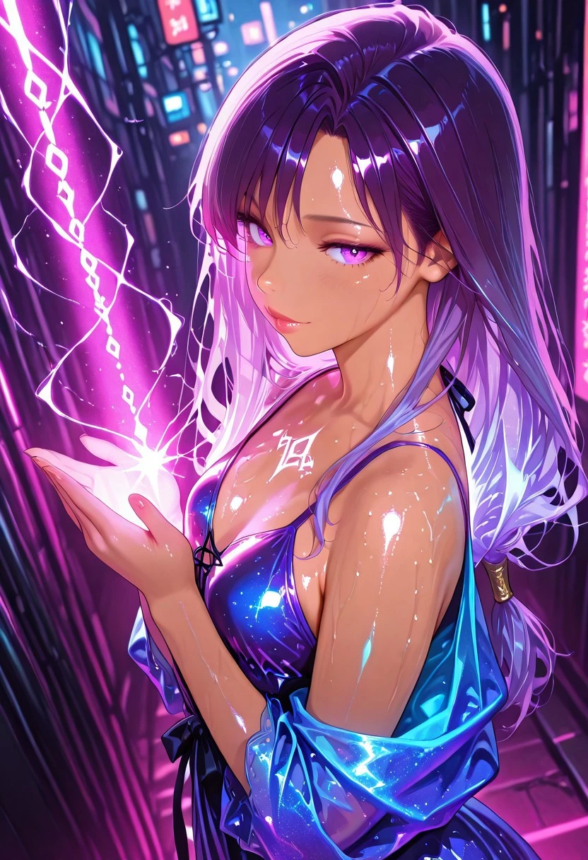 1girl, long purple hair, tangled, tan skin, small breasts, perky, glossy skin, neon robe, glowing runes on back, standing with spell energy, seductive gaze, looking at viewer, from side
BREAK
urban bazaar, glowing neon stalls, rainy glow, pulsing lights
BREAK
realistic anime style, ultra-detailed, 8K, absurdres, neon colors, depth of field, cinematic lighting, high contrast, pink glow, sharp outlines, rich details, urban magic
BREAK
masterpiece, ultra-detailed, 8K, vivid colors, source_realistic:1.6, score_9_up, score_8_up:1.3, anime style, vibrant colors, high contrast, dynamic light, warm glow, sharp outlines, rich details, seductive atmosphere