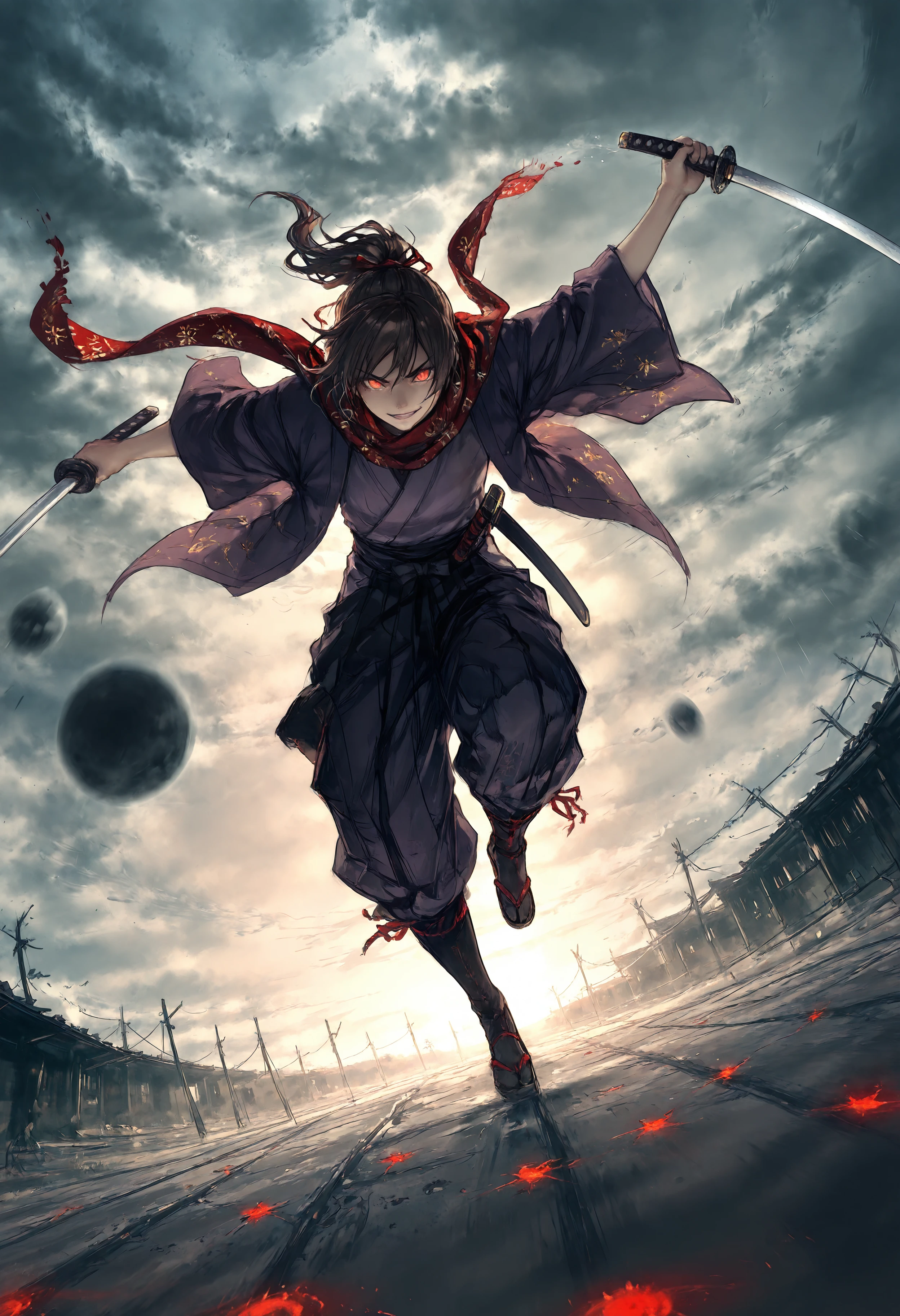 masterpiece, best quality,high quality, newest, highres,8K,HDR,absurdres, 1boy, androgynous, solo, ponytail, long dark brown hair, glowing red eyes, slit pupils, evil smile expression, black and red checker patterned scarf, purple kimono, haori, hakama pants, katana, samurai fantasy battlefield, stormy sky, dynamic pose, intense lighting, detailed background, depth of field, dynamic composition, foreshortening, detailed background, dynamic pose, dynamic composition,dutch angle, detailed backgroud,foreshortening,blurry edges <lora:iLLMythG0thicL1nes:1> G0thicL1nes