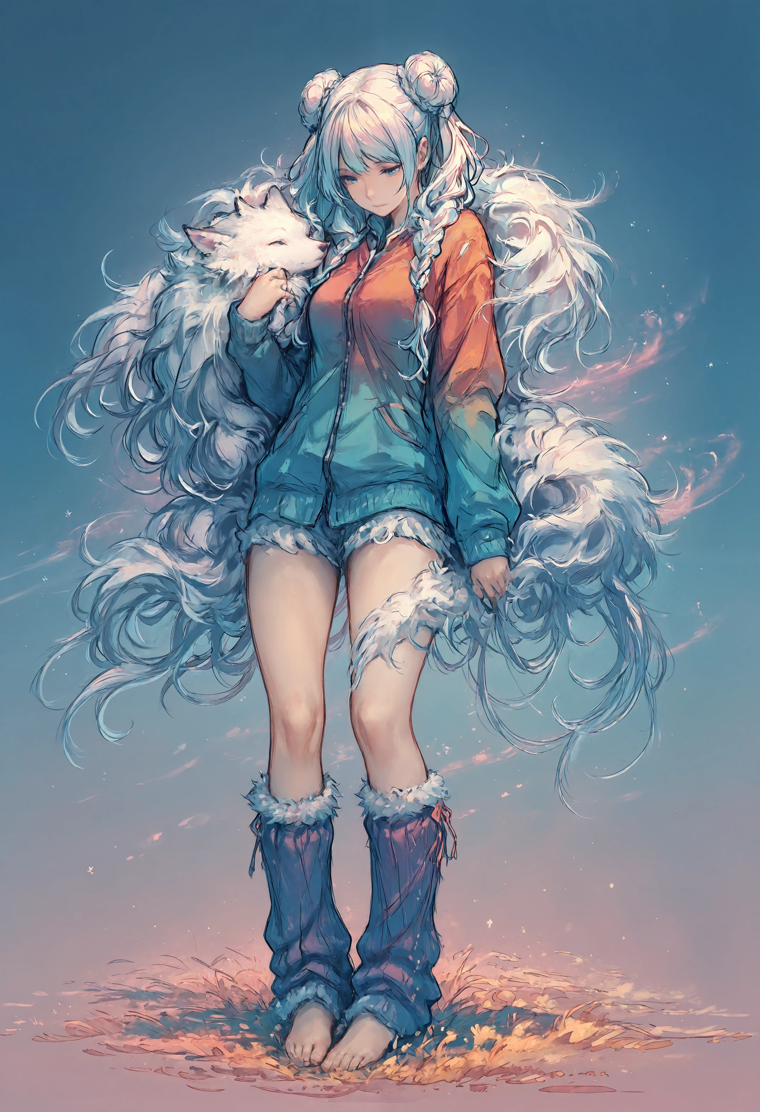 masterpiece, high_quality, highres, flat_colors, gradient, woman, hair_bun, braided, twin_tails, fluffy_leg_warmers