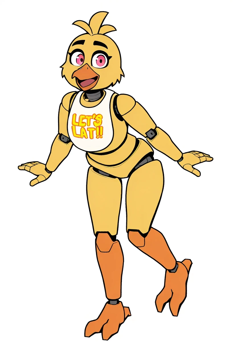 ChicaFNAF, 1girl, bright yellow animatronic chicken, spherically-shaped head, orange beak, magenta eyes, black eyebrows, three tufts on head, two talons from each orange feet, white bib, robot joints, solo, full body, 3d render