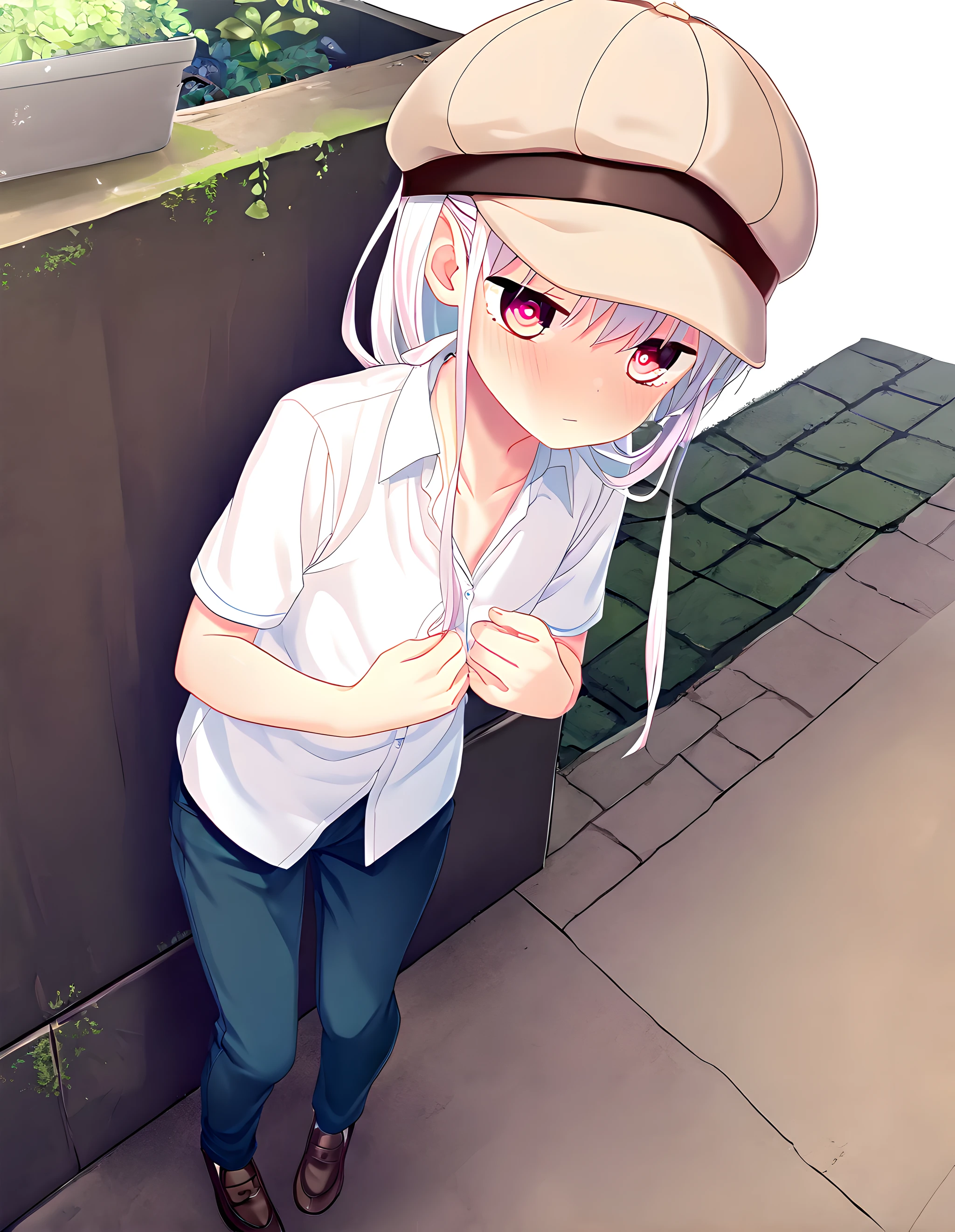 (uncensored), score_9, score_8_up, score_7_up,source_anime, high quality, exceptional, best quality, perfect hand, 1 girl, (embarrassing face), (glare:1.3), (child:1.4), (loli:1.4), short stature, beautiful long hair, detailed eyes, cute face, (blushed:1.4), half-closed eyes, white socks, (((open shirt and show off pink nipple))), (looking at viewer), ((wearing child designed cotton panties, urine stain)), ((her right arm up, piece sign:1.3)),flat chest, ((standing on street)), (anime screencap, anime coloring, megami magazine,yumekawaii:1.1), (front view), naked_randoseru, red backpack, Eyes, (furina/genshin impuct), white hair
