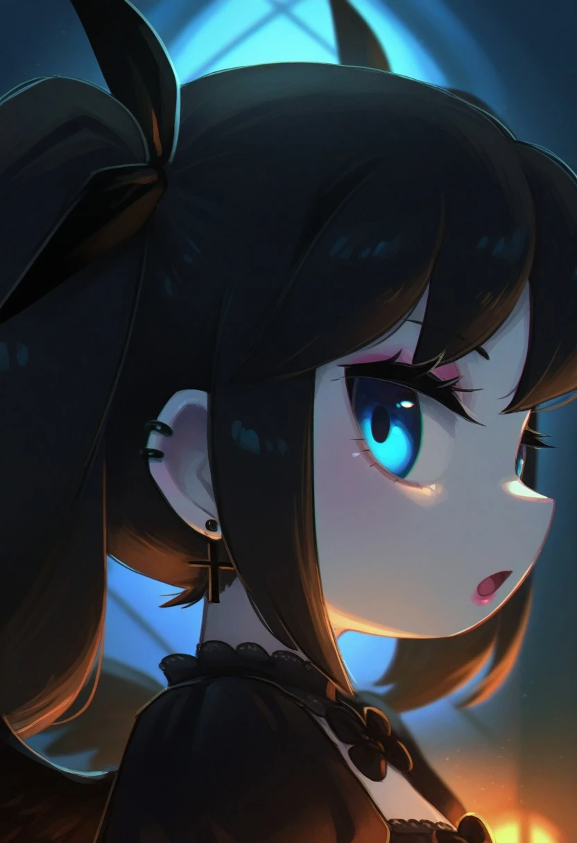 PRFRV Style, atmospheric lighting, 1girl, black hair, black dress, portrait, blue eyes, pale skin, two ponytails with black bows, looking at viewer, ear piercing, half-open mouth, long eyelashes, side view, moonlight, partially illuminated, cross earrings, pink lipstick, black wings