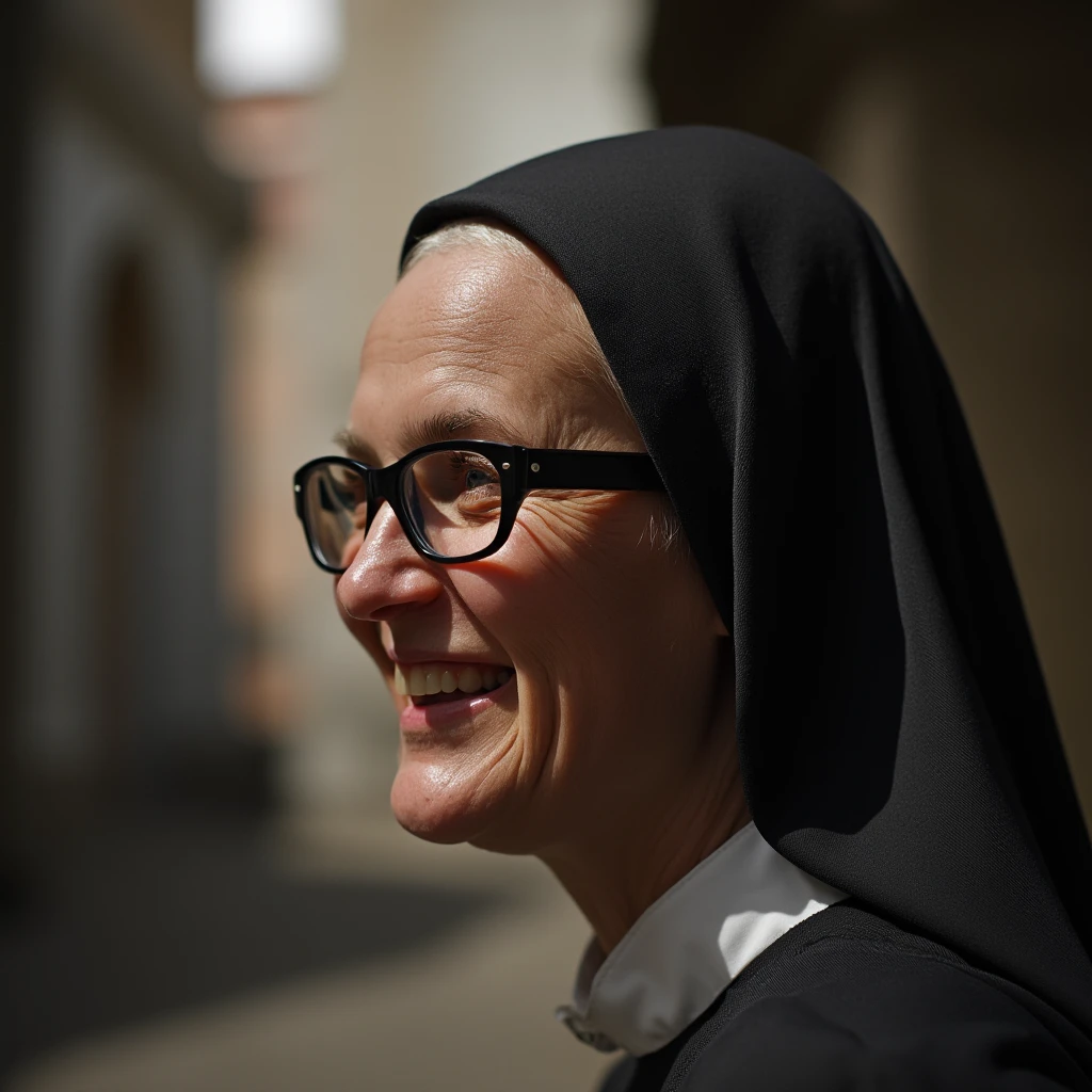 cinematic film still of <lora:cinematic style Flux Meets The World style v0.9 9000:0.7>
In cinematic style, Vatican City style a religious nun woman wearing glasses and a veil, perfect cinematic image, sharp image, detailed image, Kodak film style, high quality cinematic photography, cinematic style, Vatican City style, solo, smile, shallow depth of field, vignette, highly detailed, high budget, bokeh, cinemascope, moody, epic, gorgeous, film grain, grainy
