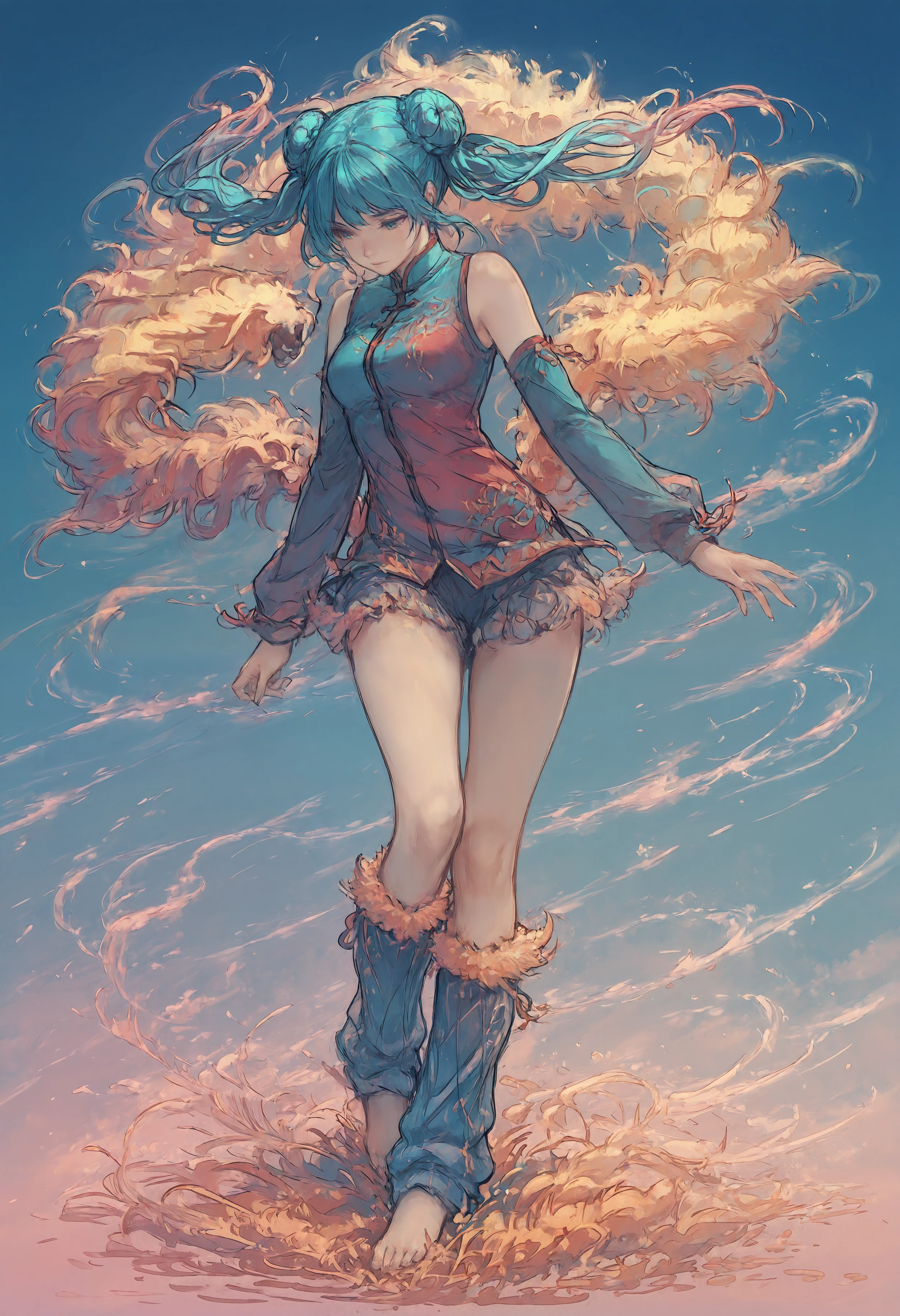 masterpiece, high_quality, highres, flat_colors, gradient,  woman, hair_bun, braided, twin_tails, fluffy_leg_warmers