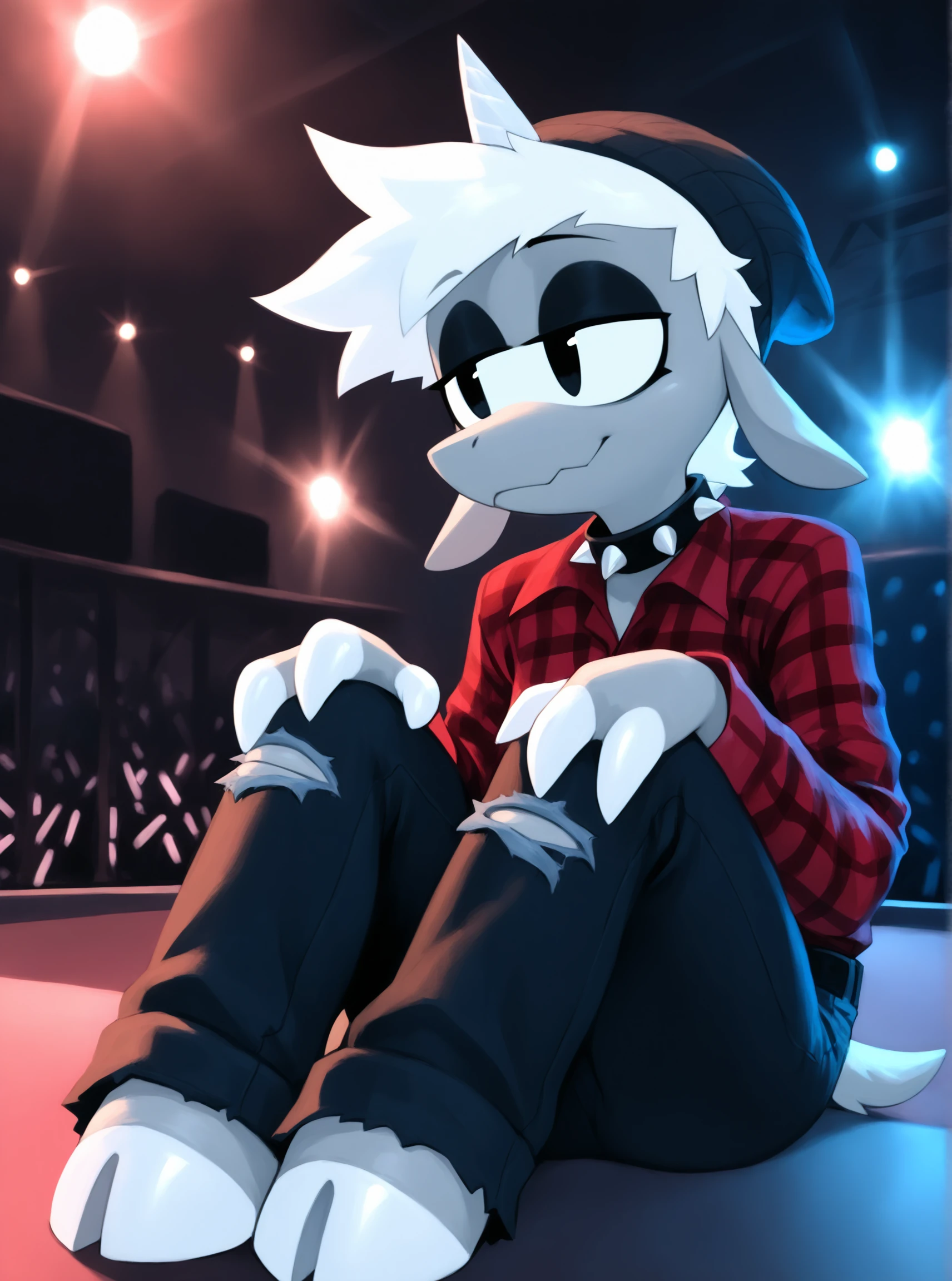 masterpiece, best quality, darkriallet very aesthetic, absurdres, olo, (conjoined eyes) solo, narrowed eyes, indoors, concert, stage lights, sitting, knees up, seve \(corn kidz 64\), anthro, flannel, dress shirt, spiked collar, spiked choker, torn jeans, long snout, hooves, black eyeshadow, 3 fingers, furry male, caprine, belt, black hairband, beanie, headwear, square pupils, black eyes, grey body, long snout, grey skin, black eyes, white hair, 1 horn
<lora:Seve (Corn Kidz 64) Noob V2:1>