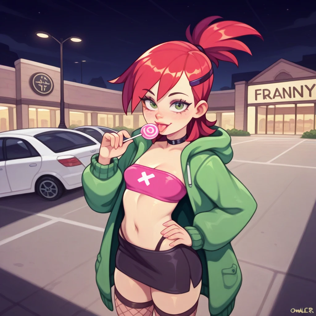 source_western, human, drawn by owler, drawn by cyancapsule, cowboy shot,  ((frankie_foster\(foster's home for imaginary friend\)), green eyes), [[small breasts]],
bandeau, midriff, cleavage, bare clavicles, short skin tight mini skirt, thong straps over waistline, oversized fluffy fur coat, high heels, fishnets, choker, makeup, eye-shadow, lipstick, seductive look with eyes half closed, looking at viewer, seductive smile, sexy pose with hand on hip, (holding up lollipop, tongue out licking lollipop seductively), <lora:Parking_Lot:1> p4rk1ng_1o7, asphalt, department store parking lot, ((single large building covering horizon, department store exterior, (Panning perspective)):1.2), many cars, parking lot lines on asphalt, street lamps, at night,
,(zoomed out)