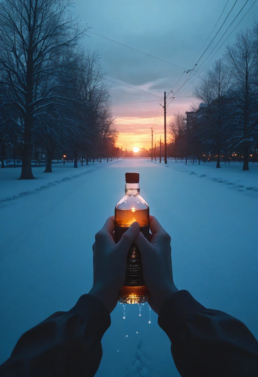 cinematic photo night shot of golden hour shot of blue hour shot of (masterpiece), (best quality), (ultra-detailed), looking at viewer,
<lora:dark_v1.9-pony:0.9> dark theme,<lora:NOOB_vp1_detailer_by_volnovik_v1:1.4> <lora:ebenya:0.8> ebenya, building, outdoors, city, rainy day in a small Russian town, overcast weather, wet trees, tree, a disheveled man lying in a snowdrift on a cold winter street, worn-out clothes covered in snow, a bottle of cheap alcohol clutched in his hand, pale and unshaven face, frost on his eyebrows, dim streetlights casting a faint glow, empty and quiet urban surroundings, a sense of loneliness and despair, from above. Cool light, twilight, peaceful, moody. Warm light, sunset/sunrise, magical, serene. Dark, lit, moody, mysterious . 35mm photograph, film, bokeh, professional, 4k, highly detailed