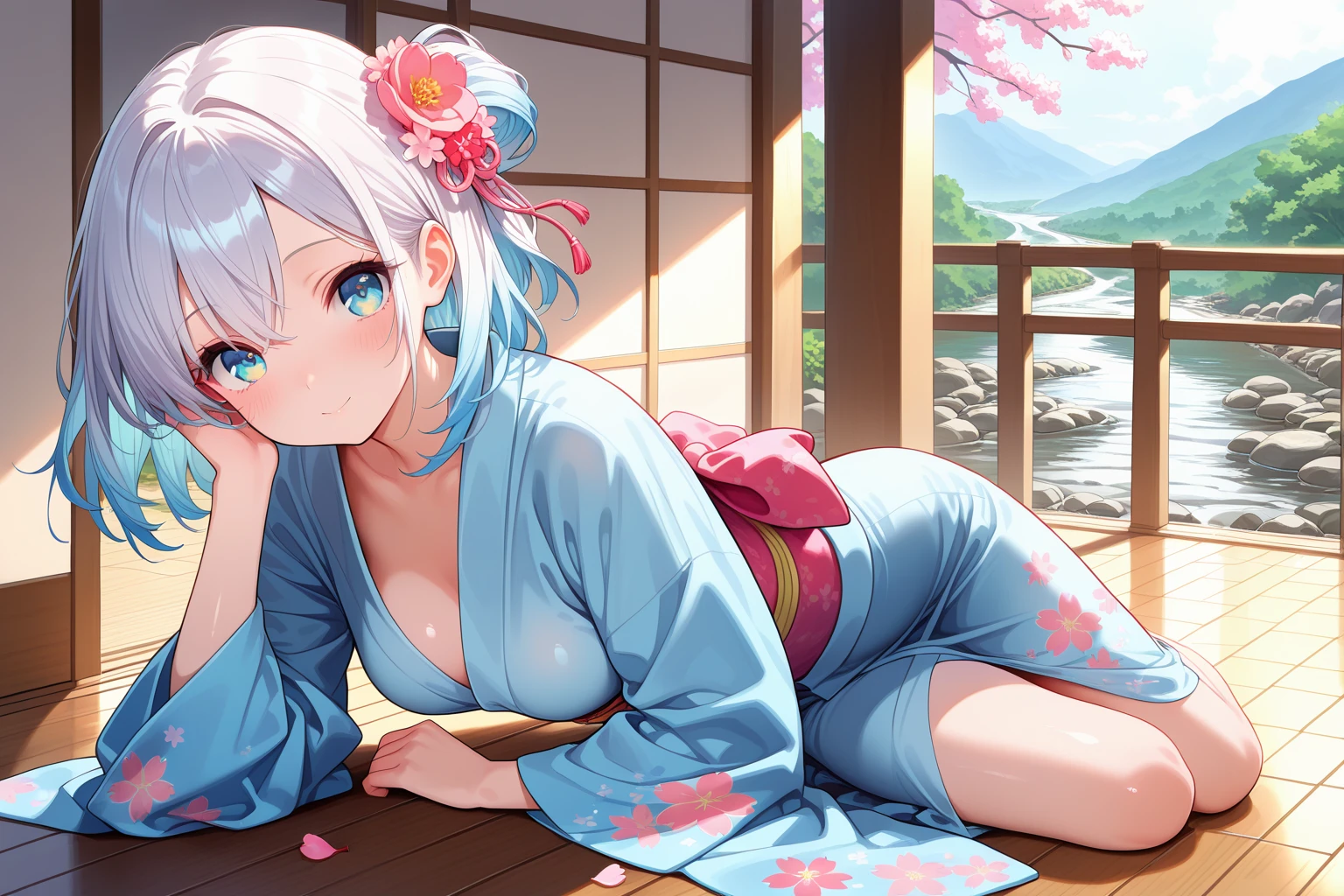 masterpiece,amazing quality,best quality,ultra-detailed,24K,illustration,shiny hair,clear skin,beautiful eyes,cute girl,kawaii,eyelashes ,kimono,cherry blossom,wind,<lora:yokozuwari_illustrious_V1.0:1> yokozuwari,on side,arm support,wood floor,river,