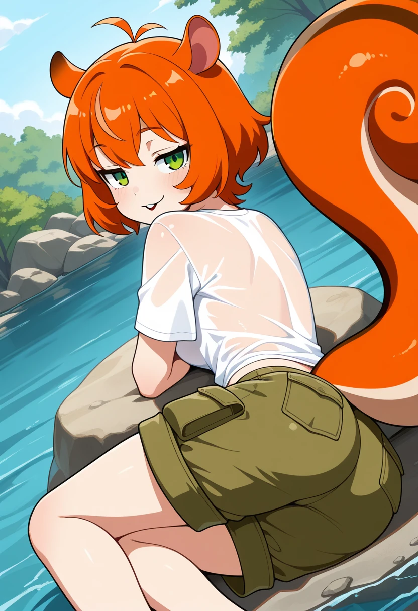 masterpiece,solo,looking at viewer,<Lora:Herna_-_Isekai_Slow_Life:1>, islherna, squirrel girl, squirrel ears, squirrel tail, buck teeth, orange hair, green eyes,solo, t-shirt, cargo shorts, slightly see-through shirt,laying on back, legs spread,seductive_smile,dutch angle, high angle, view from side, view from behind,outside, by a stream, rocks,absurd res,looking at viewer,amazing quality,