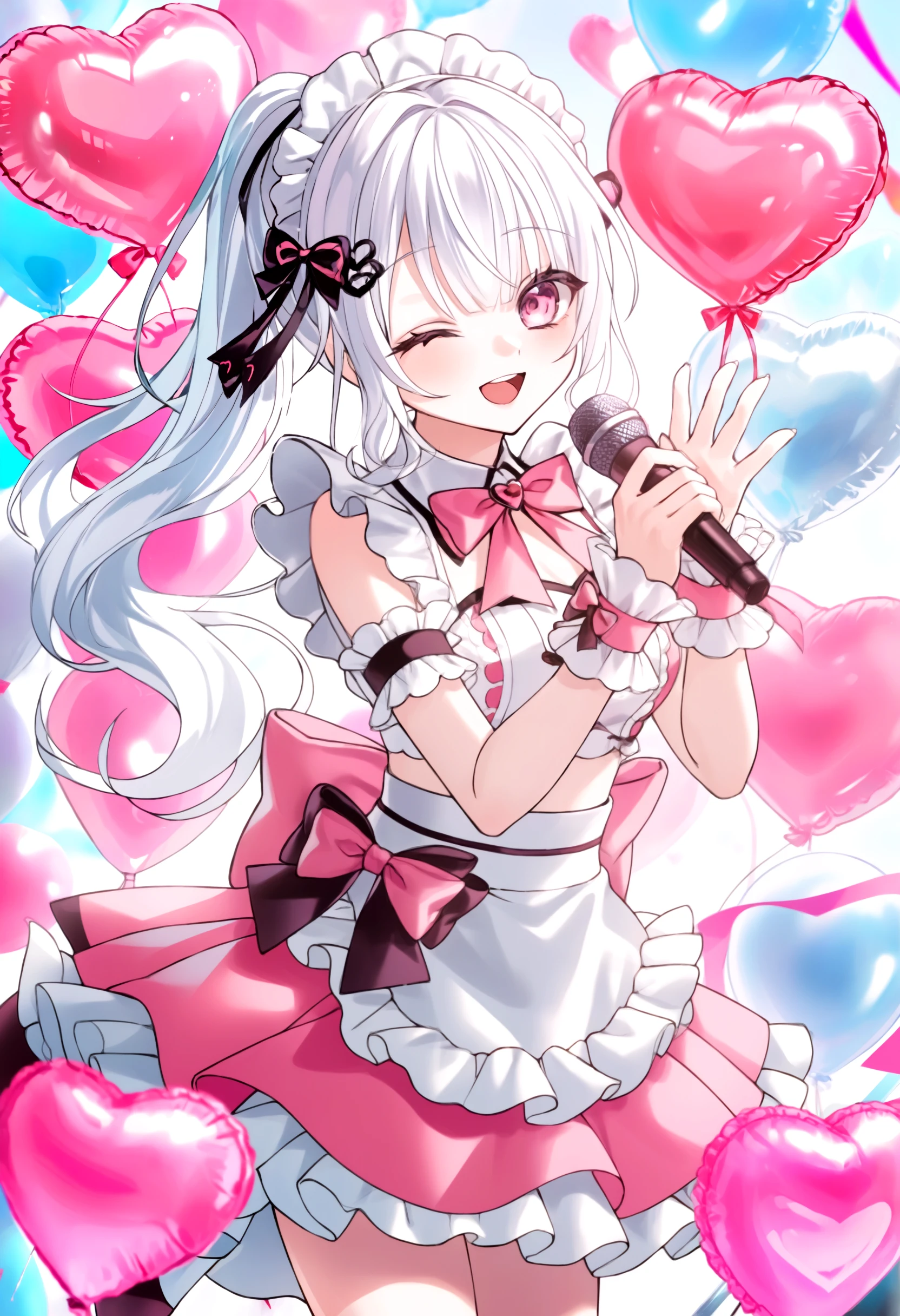 1girl, microphone, holding microphone, solo, pink eyes, holding, one eye closed, virtual youtuber, heart balloon, maid headdress, balloon, pink skirt, white hair, skirt, smile, wrist cuffs, open mouth, ponytail, bow, hair ornament, long hair
