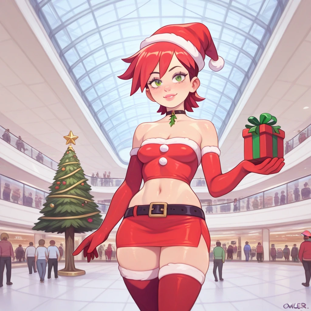 source_western, human, drawn by owler, drawn by cyancapsule, cowboy shot,  ((frankie_foster\(foster's home for imaginary friend\)), green eyes), [[small breasts]],
santa's helper, strapless red off shoulder shirt with white fur trim, midriff, cleavage, bare shoulders, bare clavicles, choker with mistletoe pendant, skin tight red mini skirt white fur trim, red thigh high socks with white fur trim, red santa hat with white fur trim, red elbow gloves with white fur trim, <lora:Mall_Atrium:1> ((m411)), shopping mall, mall atrium, ((multiple floors, indoor balconies, escalators in (distant background) between multiple floors)), adult crowded, multiples stores, glass roof,  spacious interior, huge christmas tree, christmas decorations, huge present boxes,
,(zoomed out)