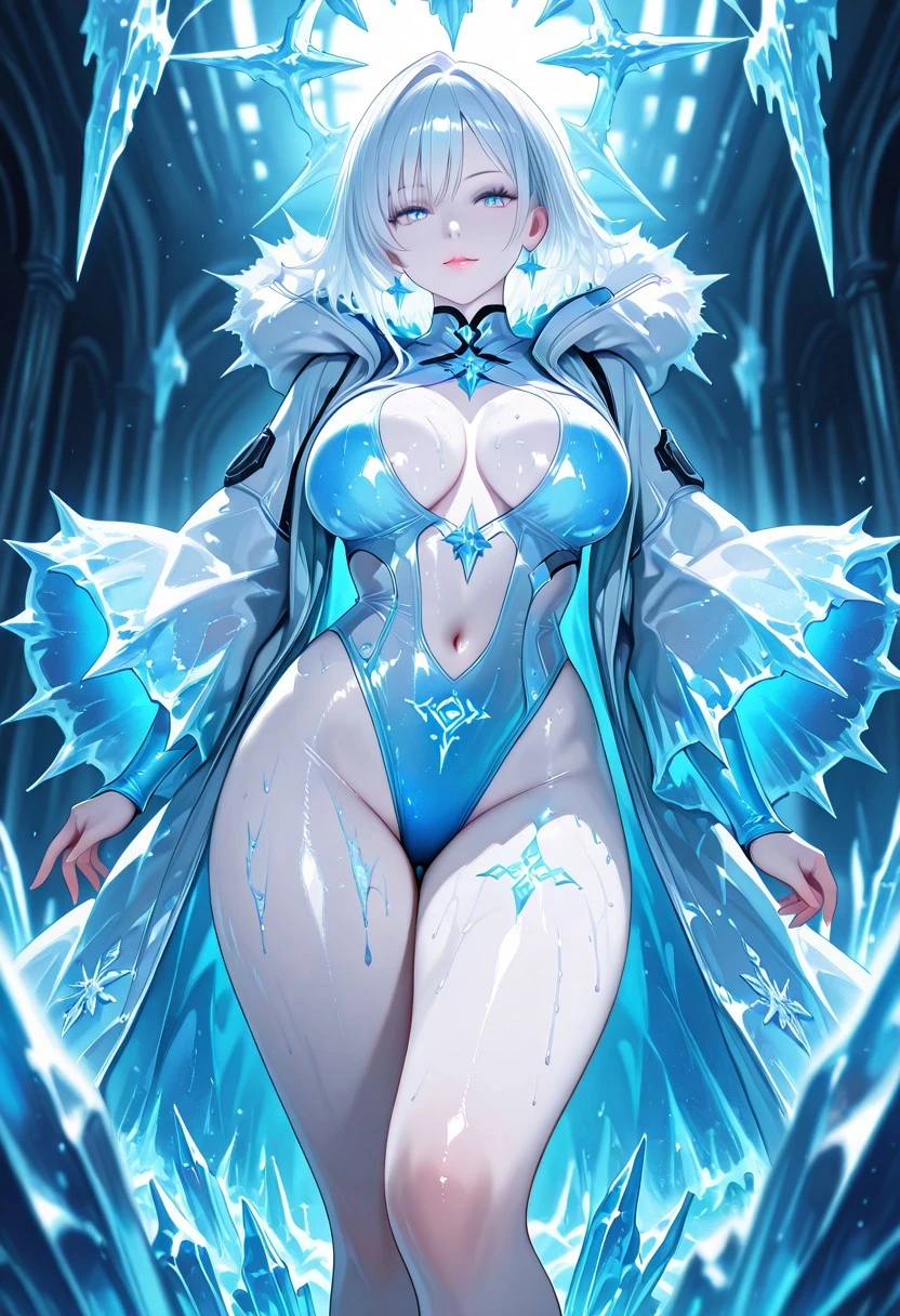 1girl, short white hair, flowing, pale skin, large breasts, bouncy, glossy skin, sheer ice mantle, glowing runes on legs, posing with ice energy, confident wink, looking at viewer, from below
BREAK
arctic vault, glowing ice walls, frosty mist, dim blue light
BREAK
realistic anime style, ultra-detailed, 8K, absurdres, neon colors, depth of field, cinematic lighting, high contrast, icy glow, sharp outlines, rich details, frigid allure
BREAK
masterpiece, ultra-detailed, 8K, vivid colors, source_realistic:1.6, score_9_up, score_8_up:1.3, anime style, vibrant colors, high contrast, dynamic light, warm glow, sharp outlines, rich details, seductive atmosphere