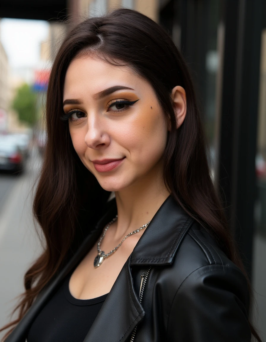 A high-resolution, intimate close-up portrait of Skylar Vox, capturing her confident and charismatic presence. The composition is framed to focus on her upper body, emphasizing her stylish attire and expressive gaze. She wears a sleek black leather jacket over a fitted top, the subtle texture of the jacket adding depth to the image. The soft lighting casts a natural glow on her flawless skin, accentuating her high cheekbones and full lips.
Her hair is styled in long, voluminous waves that cascade past her shoulders, framing her face elegantly. Her makeup is meticulously applied—soft smoky eyes, a hint of shimmer on her eyelids, and a nude-toned lipstick that complements her natural beauty. A pair of small hoop earrings and a delicate chain necklace add a touch of understated sophistication.
Skylar's expression is poised yet inviting; her lips part slightly in a subtle smirk as her gaze meets the camera, exuding effortless confidence. The blurred background suggests an urban setting, possibly a city street or a contemporary loft space, lending the image a modern, cosmopolitan feel.
Shot with an 85mm f/1.4 DSLR lens, ultra-high-definition, natural soft lighting, photorealistic with intricate skin texture, refined clothing details, and a stylish, fashion-forward ambiance. The composition ensures a balance between elegance and attitude, making for a striking and memorable portrait.