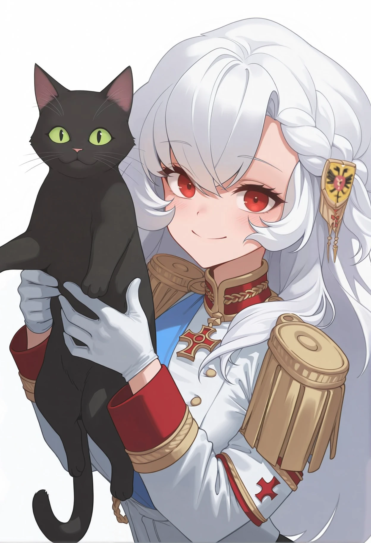 masterpiece, best quality, amazing quality, very aesthetic, absurdres, newest, holding black cat, detailed, detail,
<lora:645654:1>, alpha1918, white hair, red eyes, hair ornament, black skirt, golden epaulets, sexy, white outfit, blue stripe, breasts,