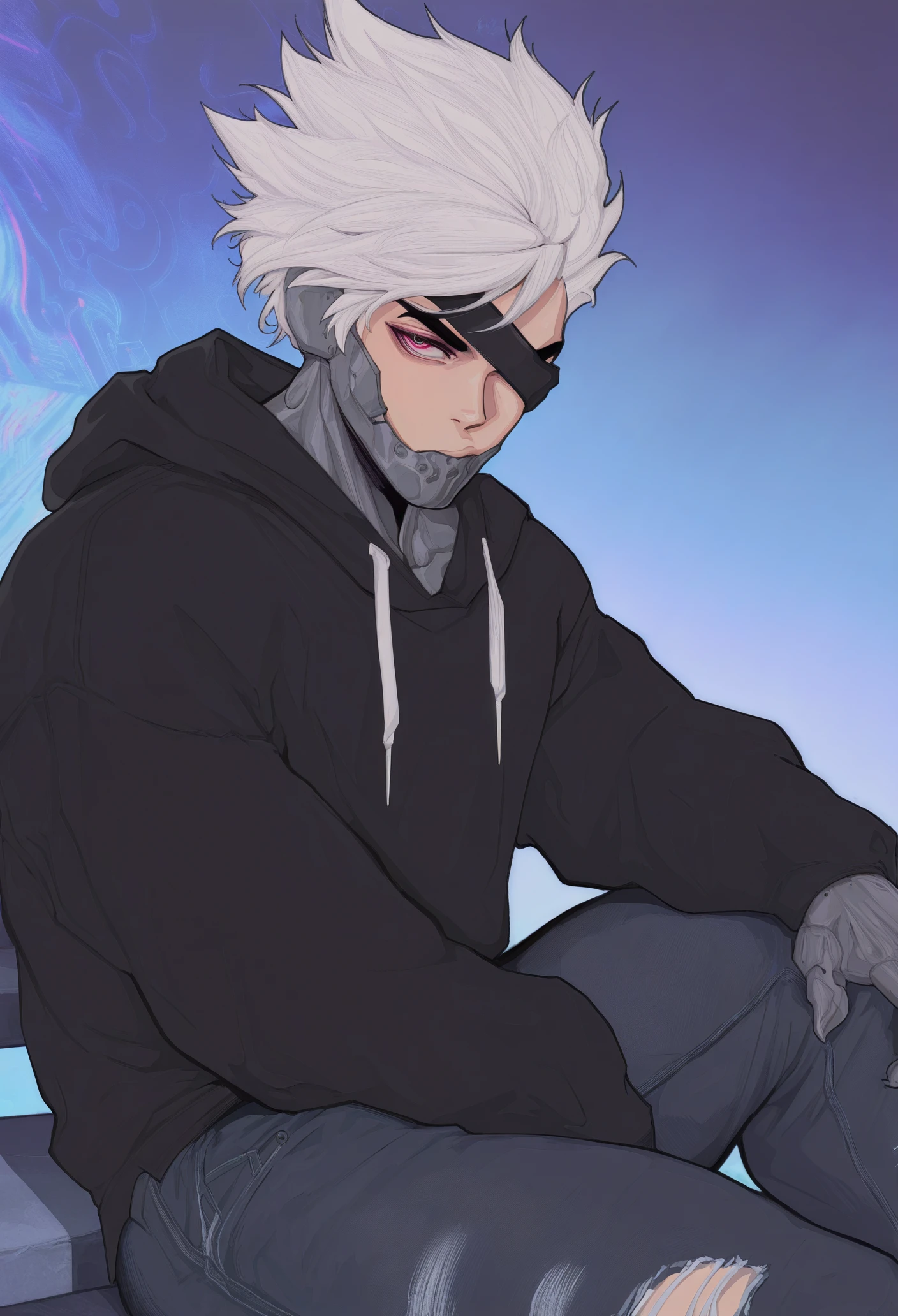 1boy, solo, gradient background, abstract background, looking at viewer, blurry background, male focus, muscular male, white hair, spiked hair, short hair, cyborg, mechanical chin, hoodie, torn jeans, eyepatch, one eye covered, sitting on stairs,
masterpiece, best quality, <lora:MischiefMakersV1-Illustrious-guy90:1>, sresim, <lora:RaidenMGRR_illusXLNoobAI_Incrs_v1:1> RaidenMGRDef