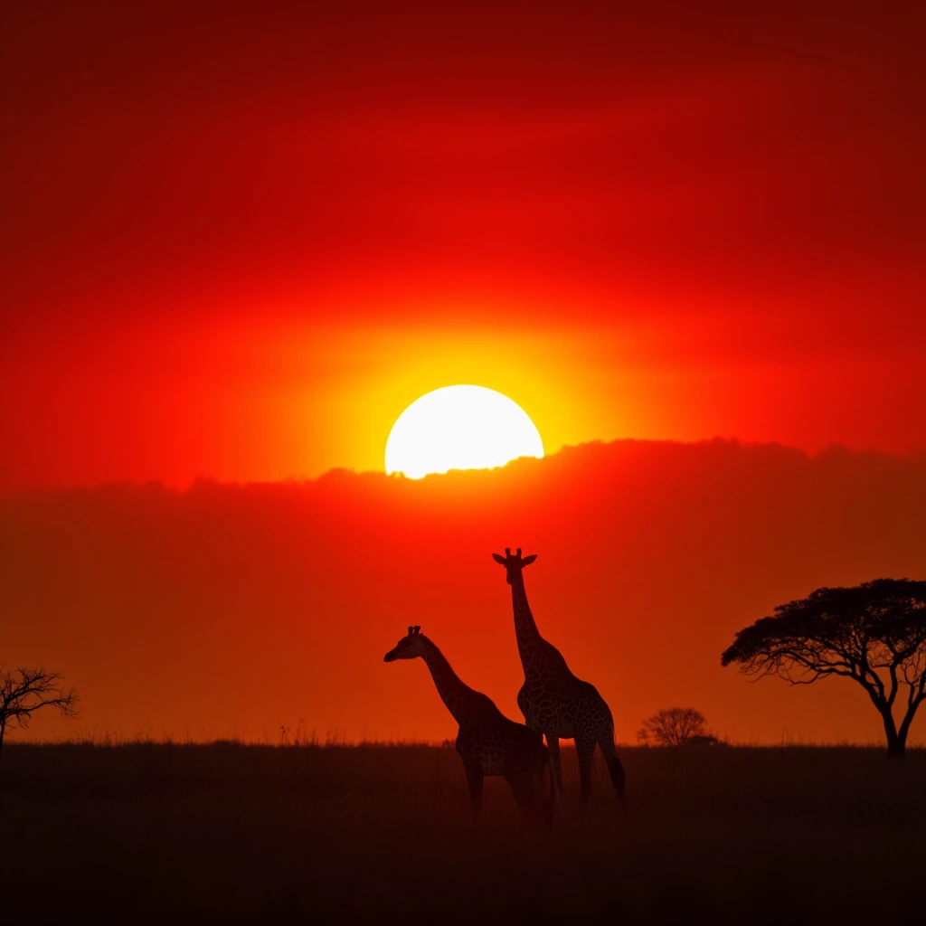 cinematic film still of <lora:cinematic style Flux Meets The World style v0.9 9000:0.7>
In cinematic style, African Botswana style a sunset with a lone giraffe in the foreground, perfect cinematic image, sharp image, detailed image, Kodak film style, high quality cinematic photography, cinematic style, Botswana style, outdoors, sky, cloud, tree, no humans, traditional media, grass, scenery, nature, sunset, sun, orange sky, red sky, red theme, shallow depth of field, vignette, highly detailed, high budget, bokeh, cinemascope, moody, epic, gorgeous, film grain, grainy