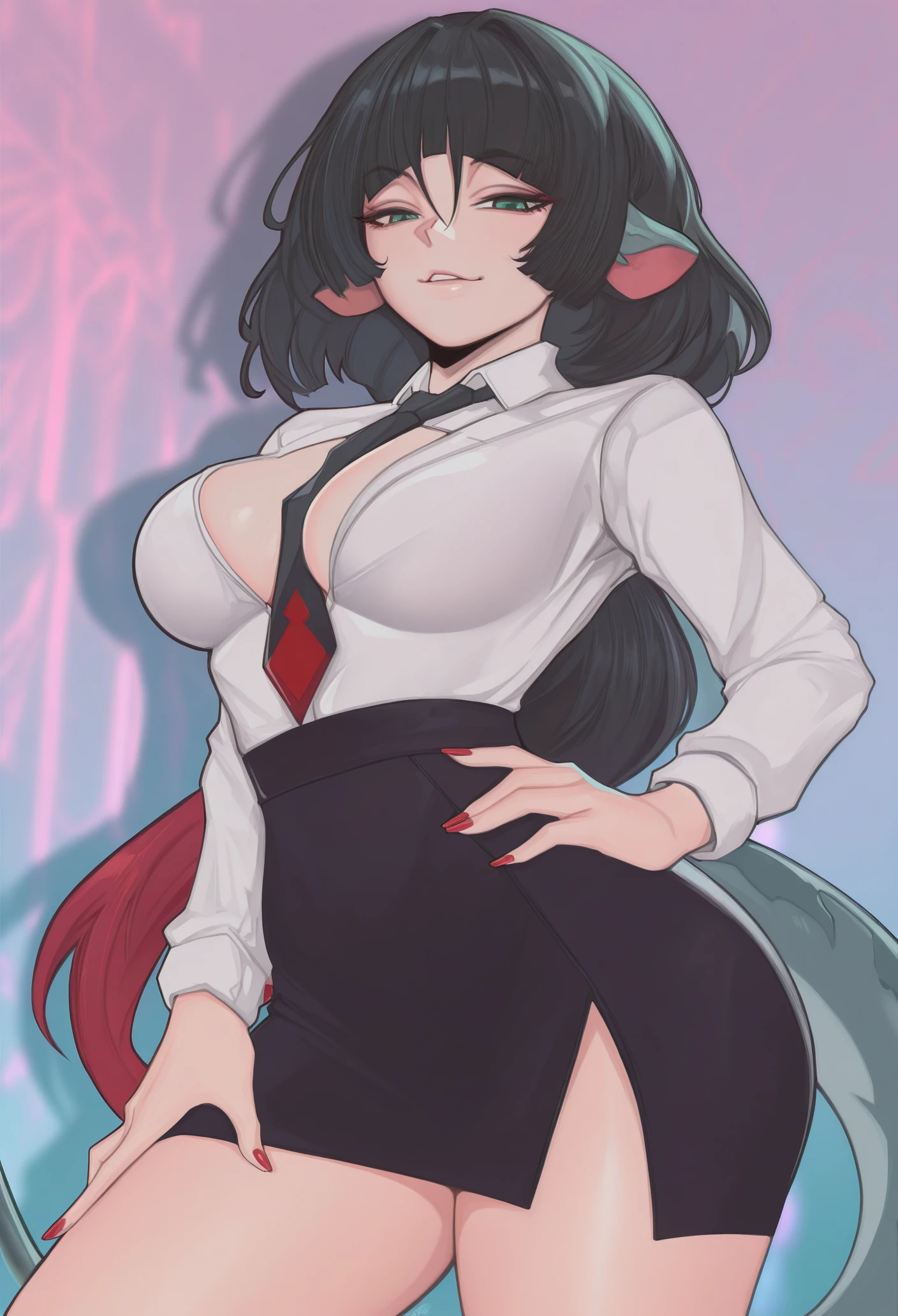 1girl, solo, gradient background, abstract background, looking at viewer, blurry background, foreshortening, contrapposto, hand on own hip, seductive smile, thighs, red nails,
tail, two-tone hair, black hair, red hair, blunt bangs, animal ears, green eyes, collared shirt, cleavage, large breasts, seductive smile, white shirt, black skirt, necktie between breasts, pencil skirt,
masterpiece, best quality, <lora:MischiefMakersV1-Illustrious-guy90:1>, sresim, <lora:zzz_janedoe_illustriousXL:1>, j4ne d0e