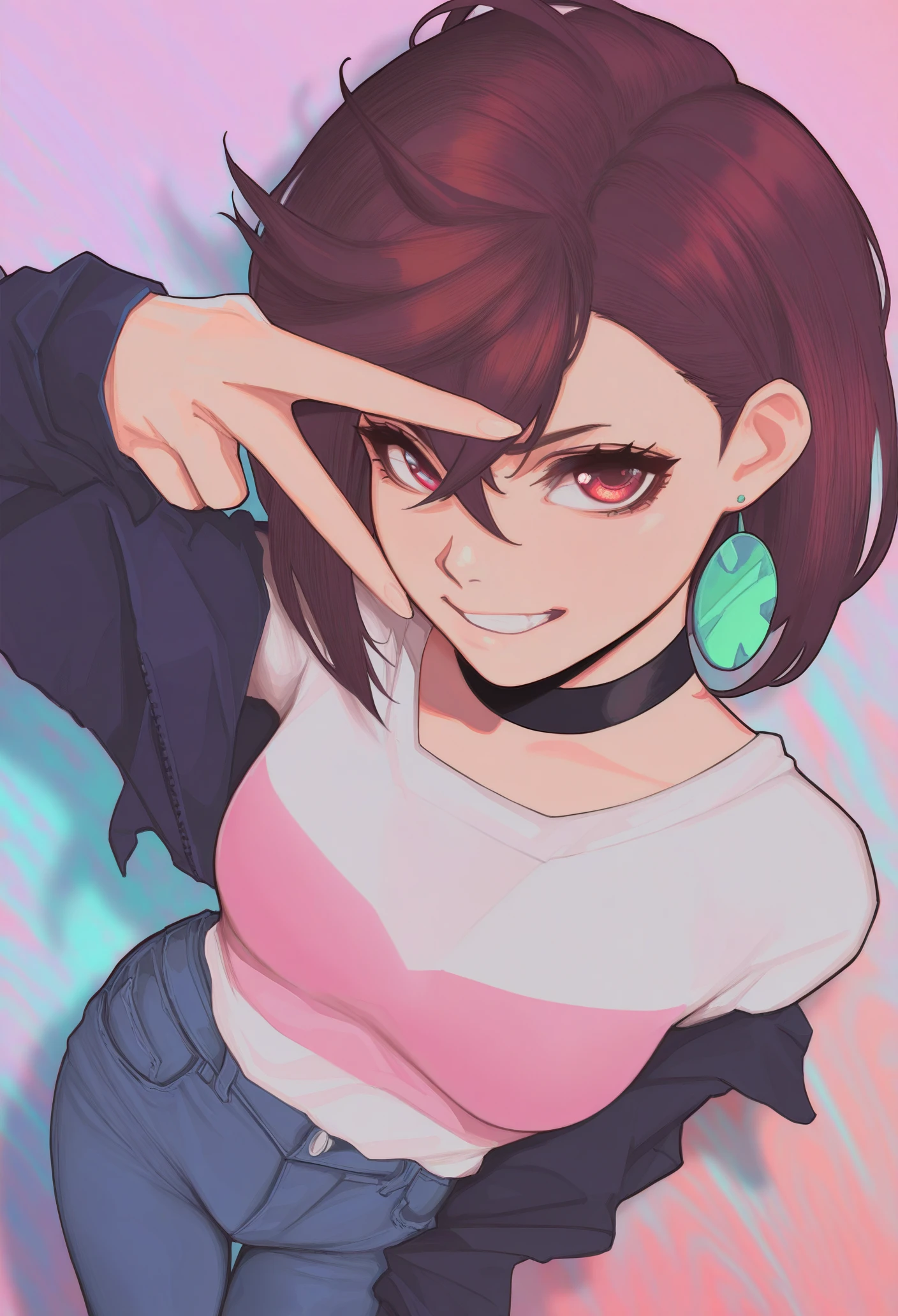 1girl, solo, gradient background, abstract background, looking at viewer, blurry background, foreshortening, grin,
short hair, brown hair, red eyes, black choker, jacket, jeans, v over eye, earrings,
masterpiece, best quality, <lora:MischiefMakersV1-Illustrious-guy90:1>, sresim, <lora:dandadan_ayase_illustriousXL:1>, ayase momo