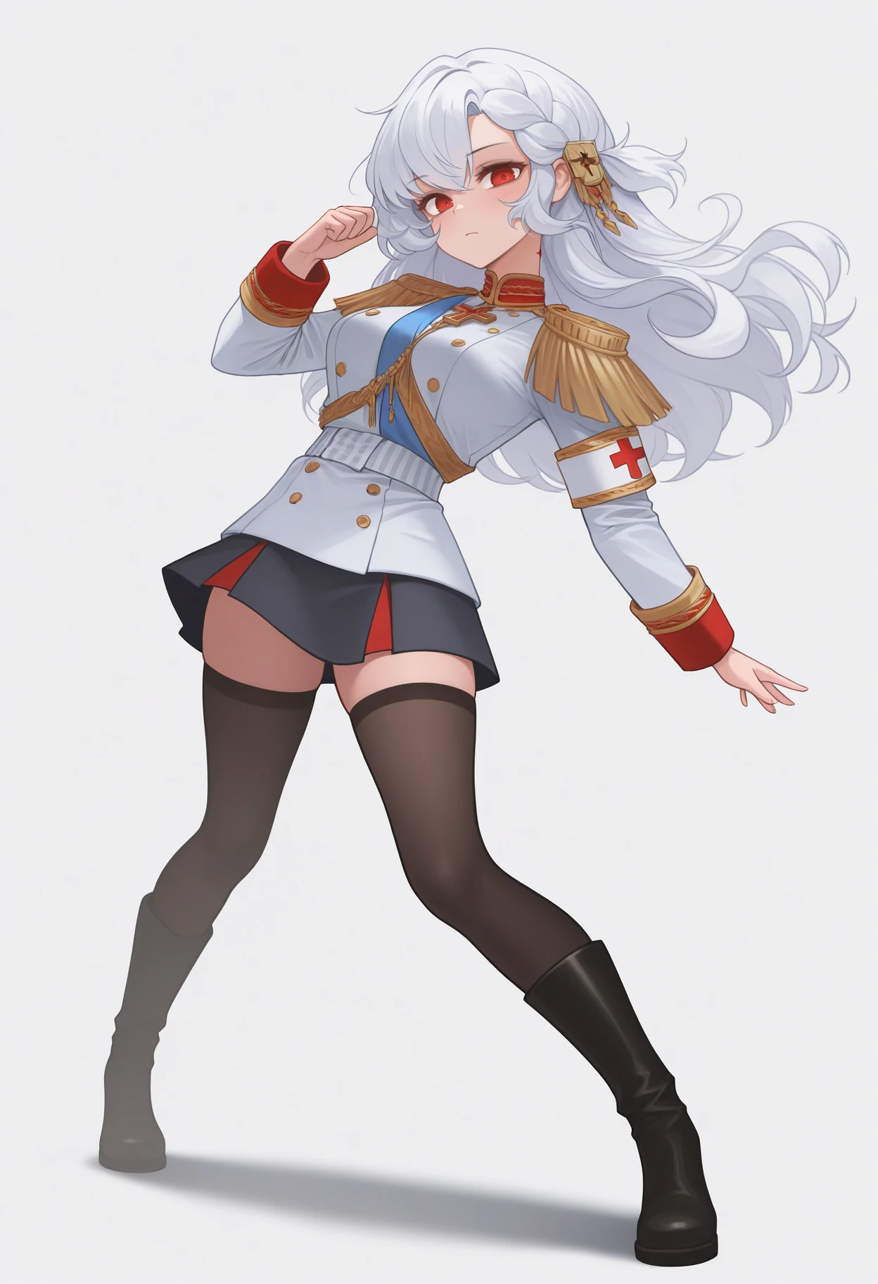 masterpiece, best quality, amazing quality, very aesthetic, absurdres, white background, detailed, dynamic pose,
standing, fullbody, looking at viewer,
1girl, solo, <lora:645654:1>, alpha1918, white hair, red eyes, hair ornament, black skirt, golden epaulets, white outfit, blue stripe, red cross on neck, blue sash across chest, white waist belt, boots, stockings, middle breasts,