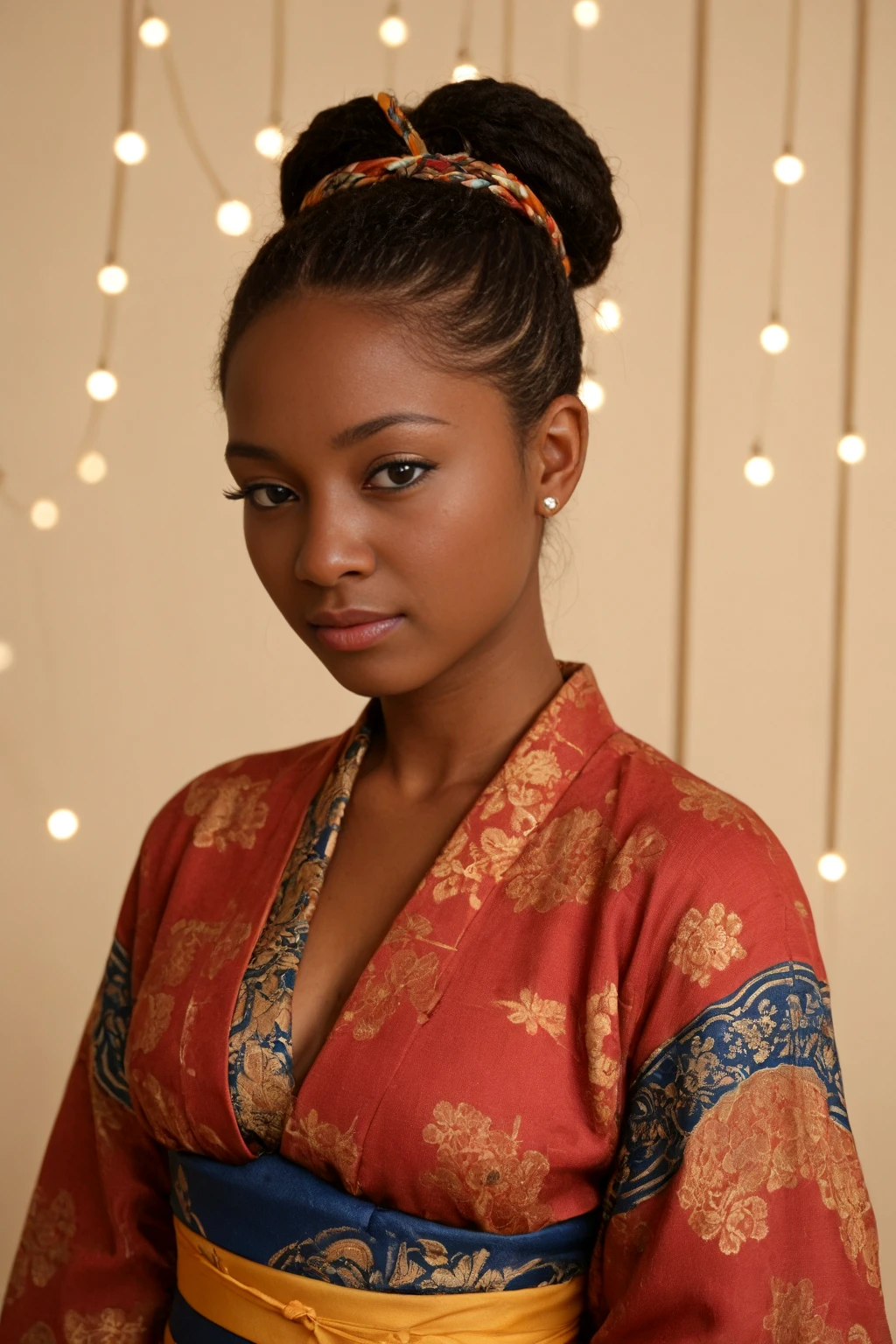 score_10_up, score_9_up, score_8_up, score_7_up, ,BREAK rating_explicit,uncensored,1girl,solo,cute woman,(expressive eyes:1.3),20yo,Beautiful Japanese Kimono, Beneath soft lights, her beauty glows,4A dreamlike aura gently flows. , ash blonde hair,extra short,cracking up,(((African American woman ))),