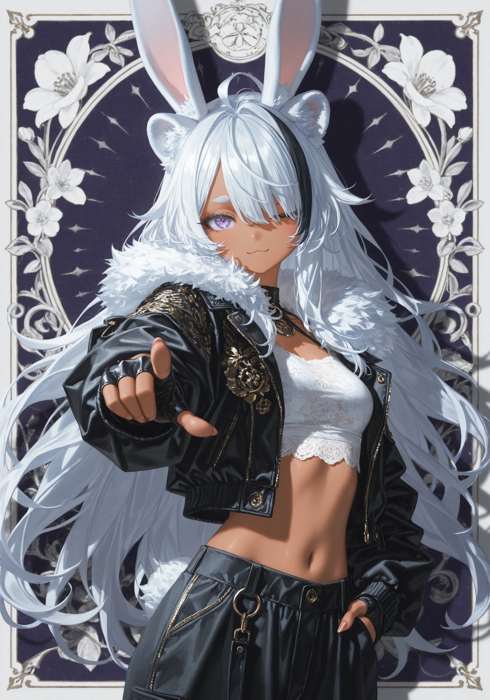 masterpiece, best quality, good quality,
1girl, one eye closed, hair over one eye, white background, self-upload, long_hair white hair, rabbit ears, pointing at viewer, pointing, :3, fingerless gloves, fingernails, shy, tan, eyelashes, detailed hair, clean,
masterpiece, best quality, good quality,
1girl, anime, solo, concept art, very aesthetic, luxury [thug] girl, baggy pants, midriff, (tan skin, dark skin), coloindigo skin, wide stance, looking at viewer, pretty, cute, dot_nose, metallic, gangster style, (anime face), anime wallpaper, anime outlines, black outlines, thick eyebrows, long hair, fluffy hair, black hair, streaked hair, hand in pocket, dark skin, tan, lace jacket, open jacket, light and shadow, gold trim, luxury, kawaii style, (lion girl, lion mane:1.2), cream background, artistic poster composition, (floral detail and pattern:1.2), ornate_border, looking at viewer, [by quasarcake], rhasta, [reoen], (hiro \(dismaless\)), [[baffu]], year 2023,
dark theme, [cgi], (photo \(medium\):0.8), amazing quality, RTX, cinematic light, best quality, amazing quality, very aesthetic, absurdres, masterpiece, best quality, good quality,
1girl, bangs, camellia, daisy, flag_background, flower, from_side, cat ears, (profile:0.8), indigo_background, indigo_border, indigo_eyes, indigo_flower, indigo_rose, maroon theme, short_hair, simple_background, solo, flowing hair, glowing indigo electric eye, (fierce), white_flower, style of Bourgeois, angular, an album cover, purism, (ground_shatter)