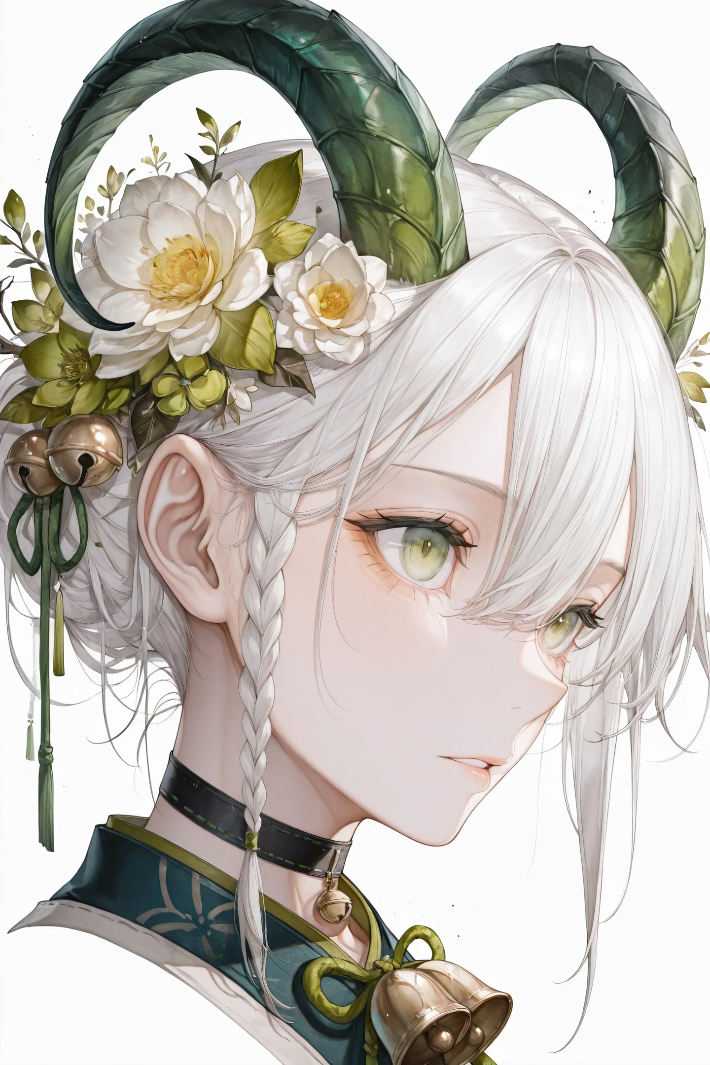 solo,horns,green eyes,1girl,hair between eyes,portrait,braid,white background,bell,white hair,flower,choker,simple background,parted lips,
<lora:Hito komoru_illustriousXL:0.8>,