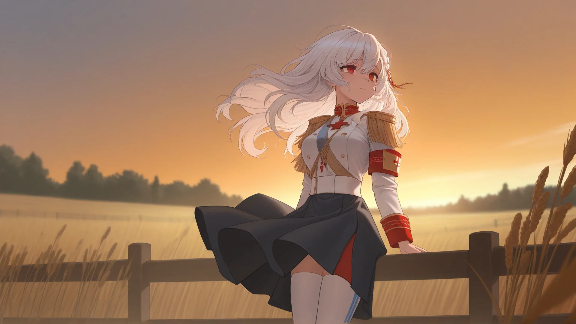 masterpiece, best quality, amazing quality, very aesthetic, absurdres, detailed background, wallpaper, dynamic, vgp342 quality,
wheat field, sunset, trees in the distance, wooden fence, wind,
1girl, solo, <lora:645654:1>, alpha1918, white hair, red eyes, hair ornament, black skirt, golden epaulets, sexy, white outfit, red cross on neck, (blue stripe:1.2), white stockings, middle breasts, boots, sexy,
leans on the fence, sad face, looking into distance,