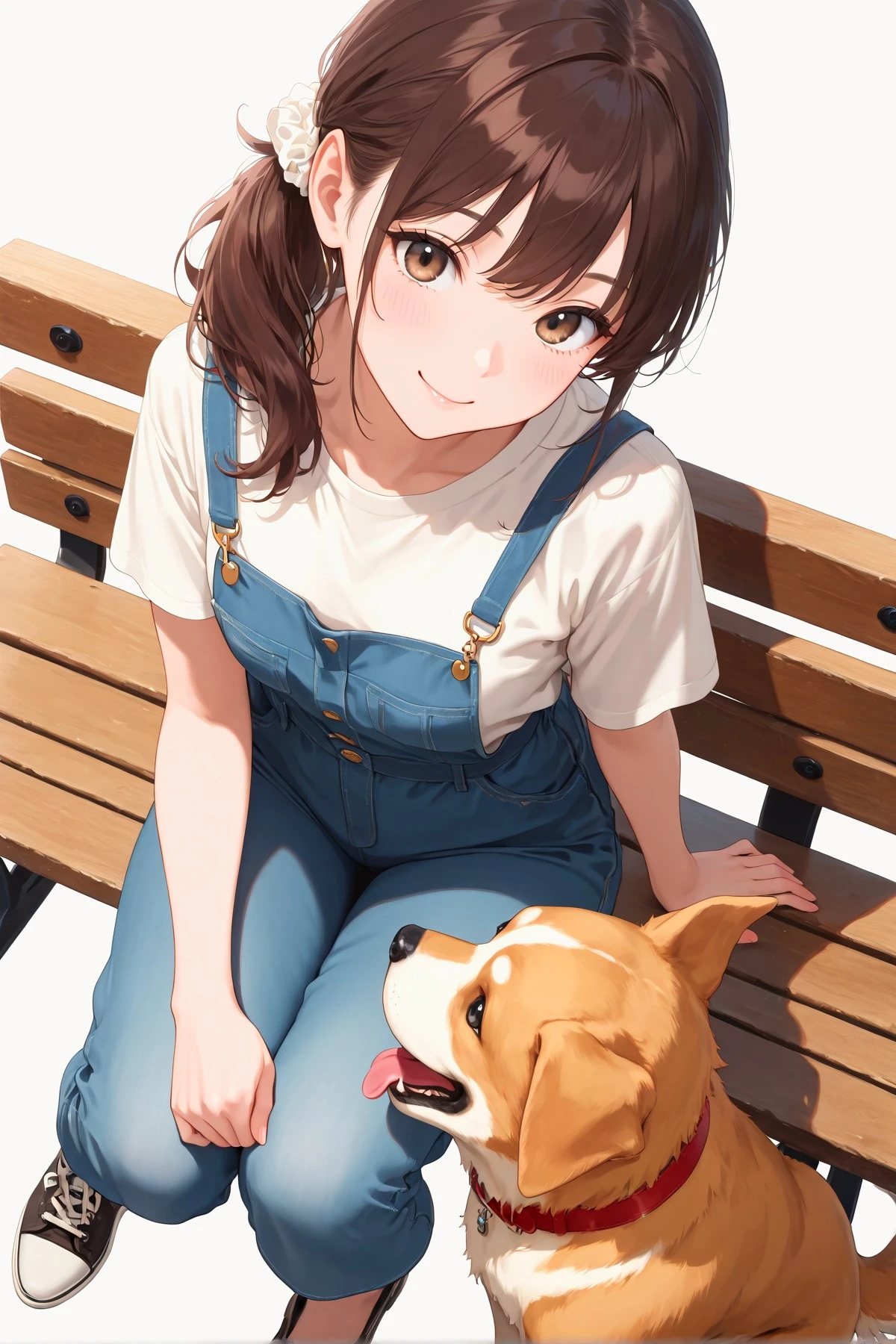 masterpiece,best quality,absurdres,
1girl,bench,dog,simple background,white background,casual,smile