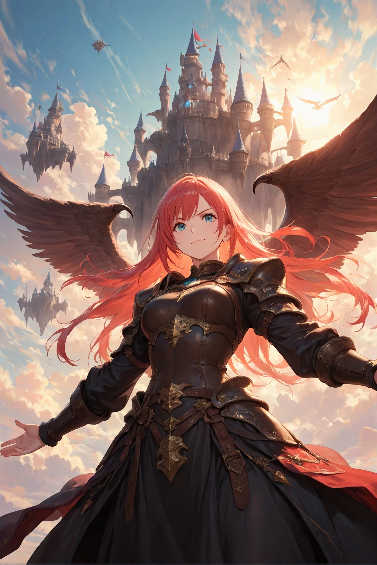 masterpiece,best quality,absurdres,
fantasy,floating castle,clouds,from below,(1girl,upperbody,smile,serious,spread arms:1.1),backlit