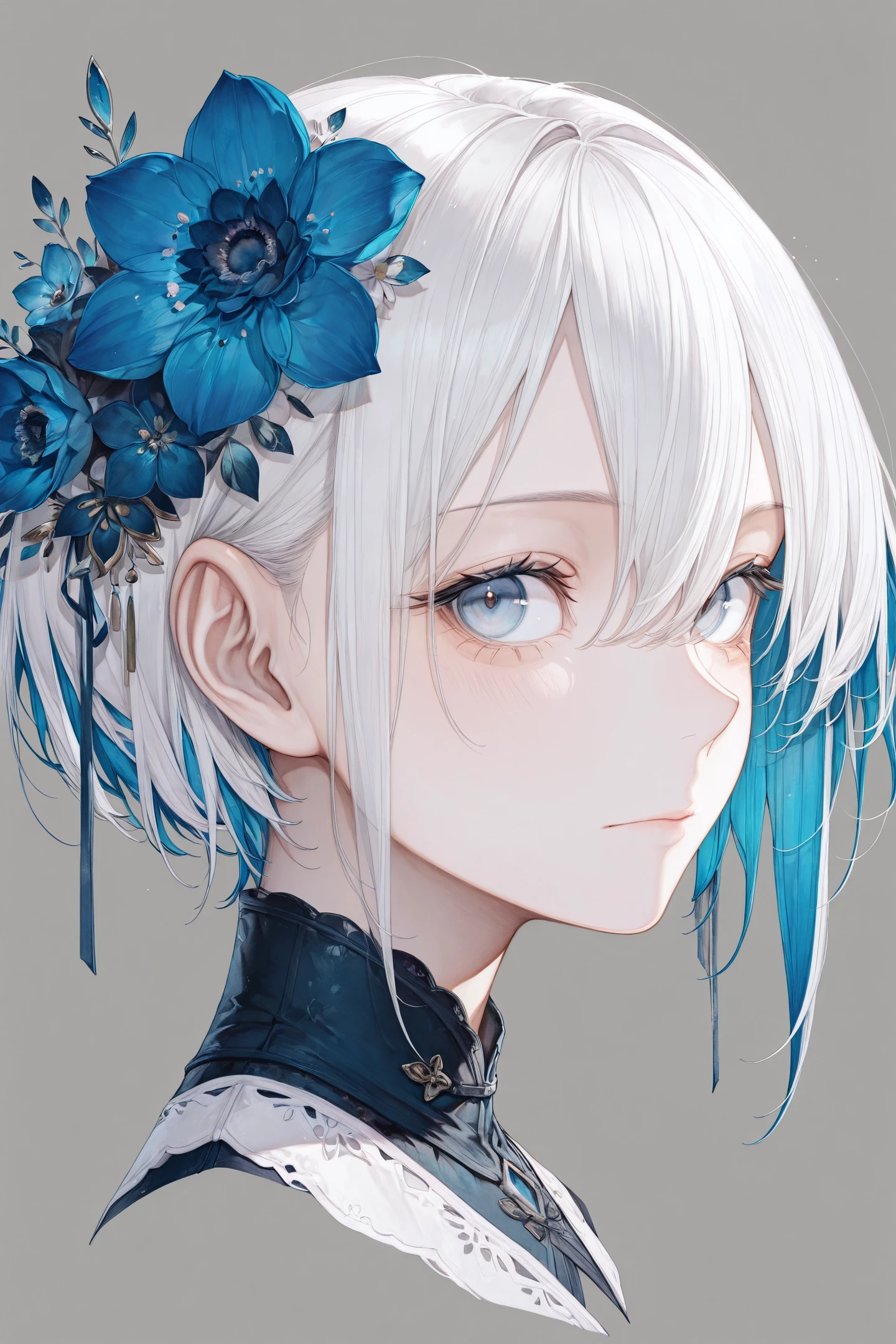 1girl,solo,portrait,looking at viewer,white hair,blue eyes,closed mouth,short hair,simple background,grey background,hair between eyes,hair ornament,flower,multicolored hair,blue flower,hair flower,
<lora:Hito komoru_illustriousXL:0.8>,
