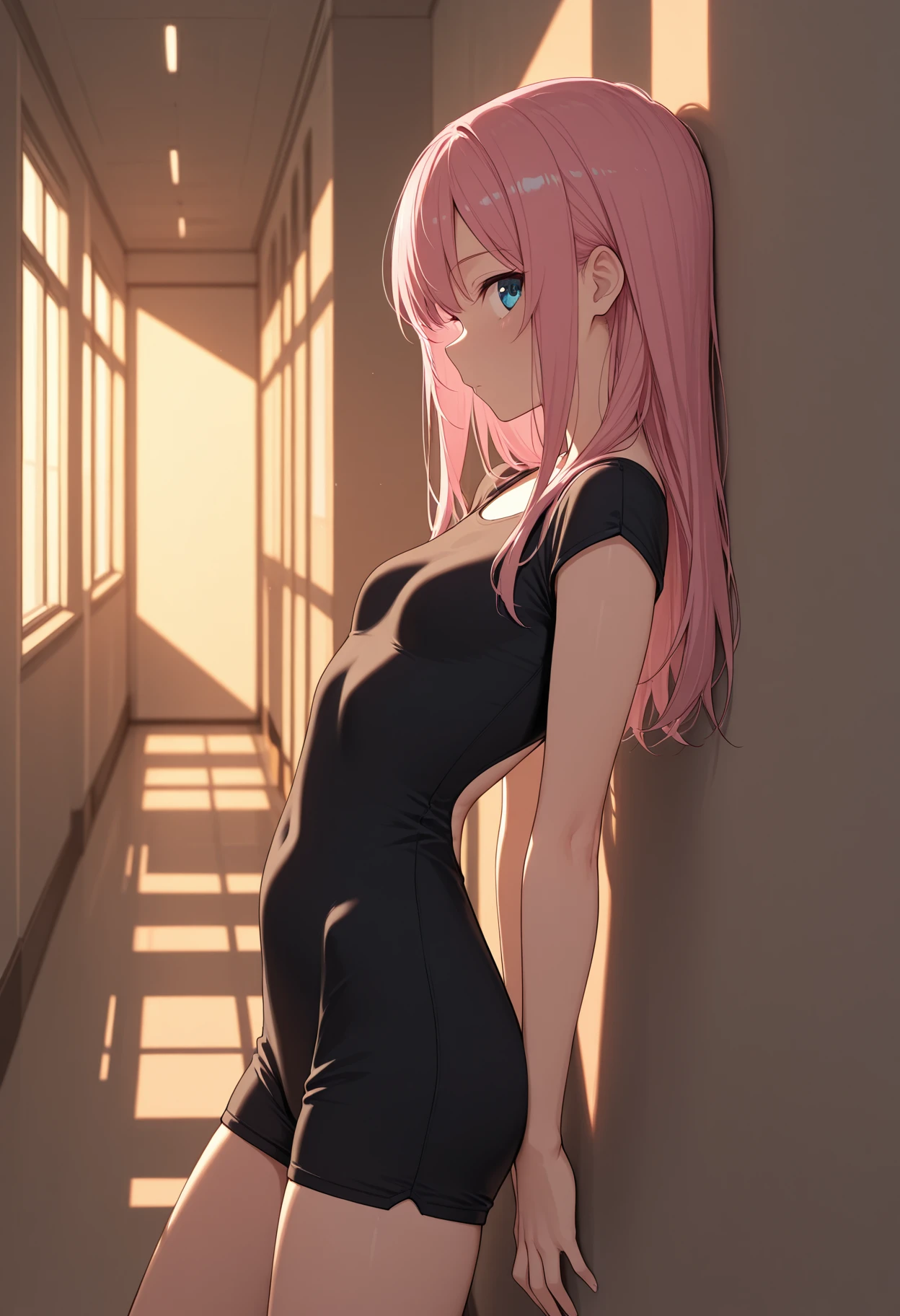 masterpiece, best quality, high quality,
1girl, pink hair,long hair,
black romper, from side, leaning back, sideways glance,
hallway, evening, hip bones, shade,against wall,
<lora:romper_v0.2-illu:1>