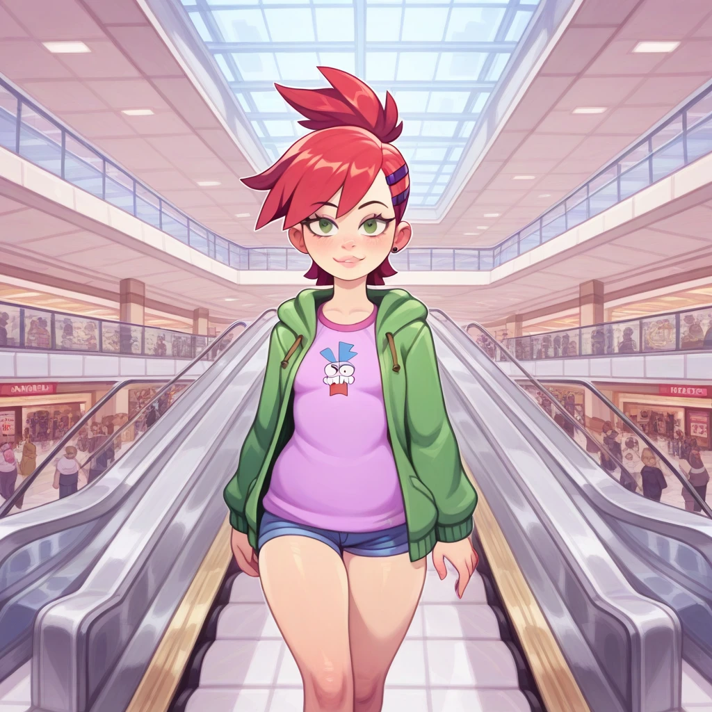 source_western, human, drawn by owler, drawn by cyancapsule, cowboy shot,  ((frankie_foster\(foster's home for imaginary friend\)), green eyes), [[small breasts]],
<lora:Mall_Atrium:0.7> m411, shopping mall, mall atrium, ((multiple floors, indoor balconies, escalators in (distant background) between multiple floors)), adult crowded, multiples stores, glass roof,  spacious interior,
,(zoomed out)