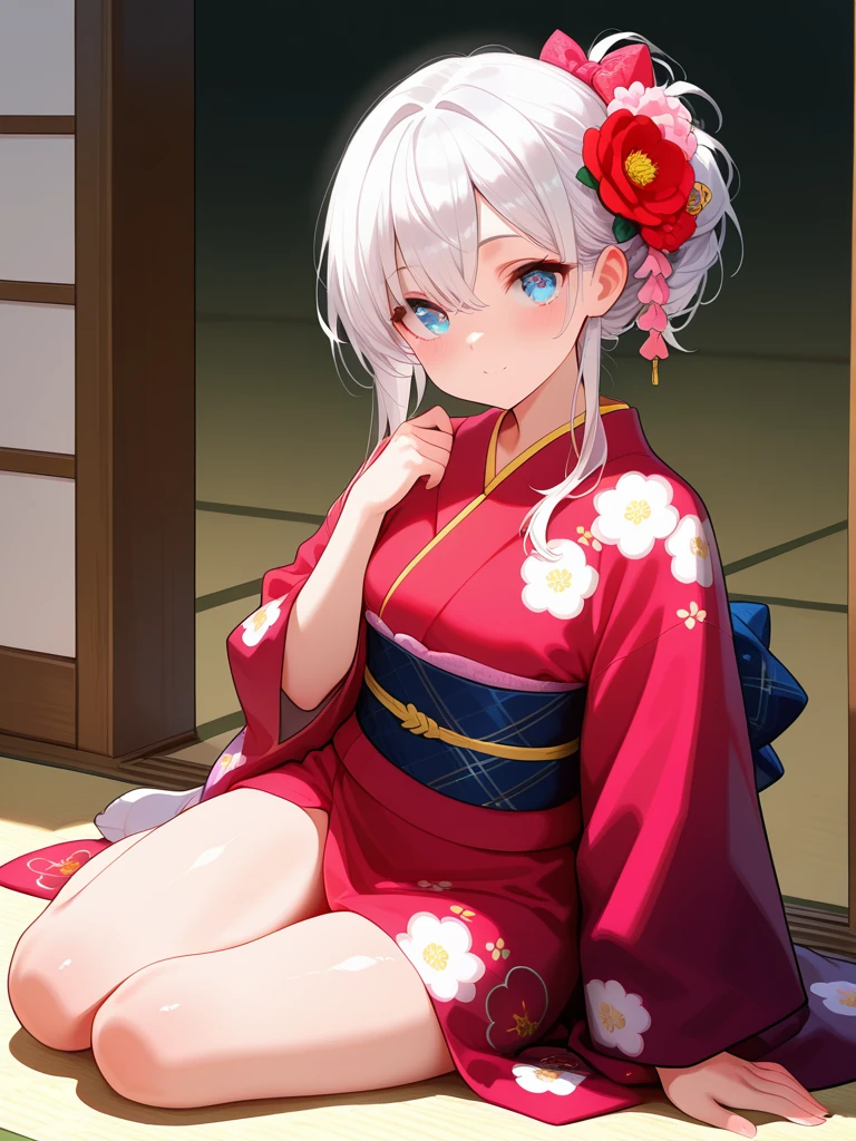 masterpiece,amazing quality,best quality,ultra-detailed,24K,illustration,shiny hair,clear skin,beautiful eyes,cute girl,kawaii,eyelashe,kimono,<lora:yokozuwari_illustrious_V1.0:1> yokozuwari,sitting