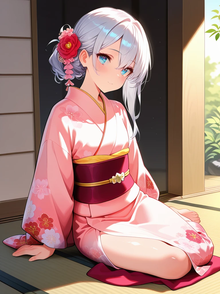 masterpiece,amazing quality,best quality,ultra-detailed,24K,illustration,shiny hair,clear skin,beautiful eyes,cute girl,kawaii,eyelashe,kimono,<lora:yokozuwari_illustrious_V1.0:1> yokozuwari,sitting,feet,tatami,arms support,on side