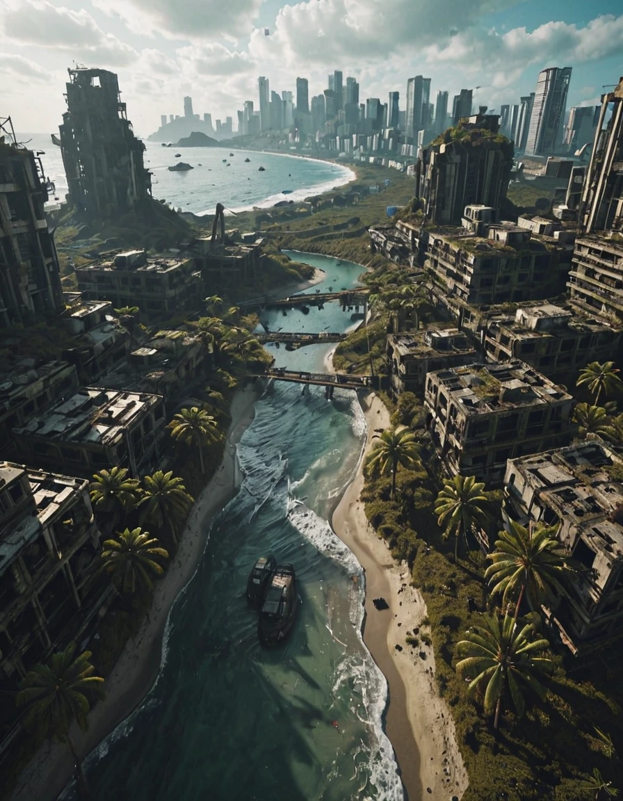 <lora:SWL_Stations1c:0.7> lostst1, field of view, cyberpunk, cherry blossom, sea, waves, palm tree, island, abandoned cityscape, metallic