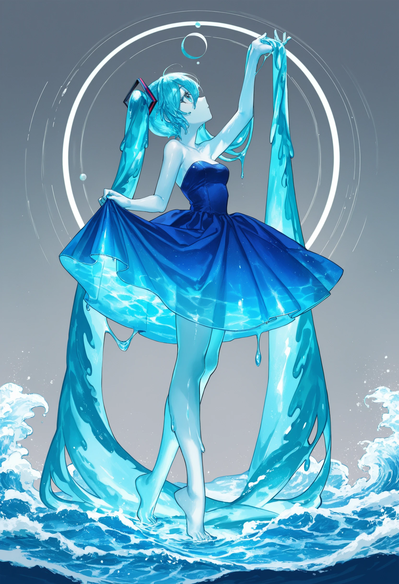 water dress, slime girl, hatsune miku, vocaloid, artist:[ekrea jan|sakoku \(oyatsu3ji \)|yoneyama mai|fuzichoco|quasarcake],

1girl, blue skin, solo, liquid hair, twintails, blue hair, blue dress, barefoot, tiptoes, nsfw, full body, strapless dress, blue eyes, bare shoulders, profile, skirt hold, looking up, standing, waves, arm up, from side, bare arms, bare legs, absurdly long hair, water, hair ornament, grey background, breasts, hair between eyes, hand in own hair, circle formation,

masterpeice, best quality, very aesthetic, absurdres