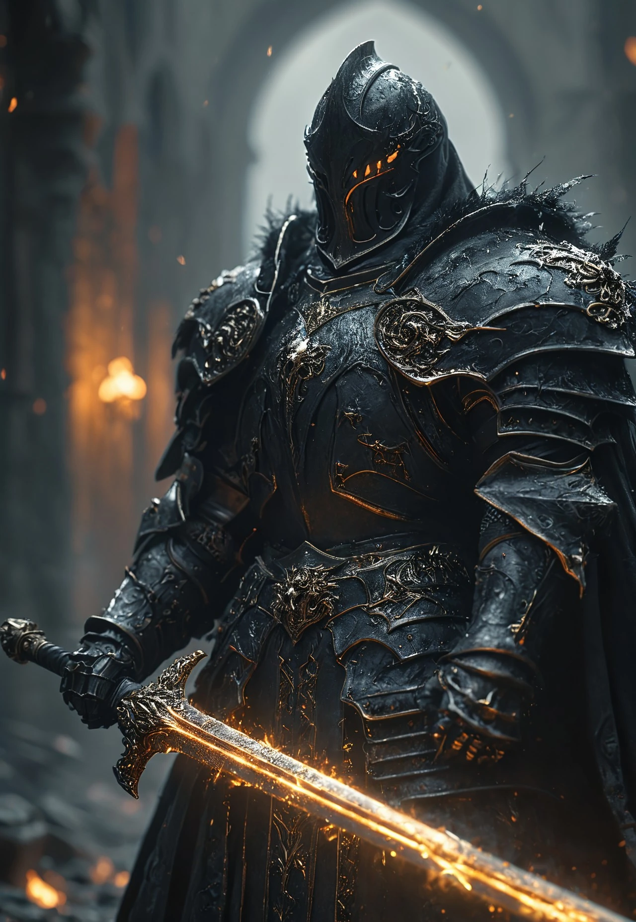 masterpiece, best quality, hyper detailed, ultra detailed, super realistic
Amid a raging storm, a shadow knight stands—a harbinger of doom and fire. His obsidian-black armor, adorned with intricate gold filigree, bears the scars of countless battles. A heavy, fur-lined cloak drapes over his broad shoulders, shrouding him in darkness. Beneath the hood, a menacing helm conceals his face, save for the fiery glow of his eyes, burning like embers from the abyss.
In his grip, a blade of molten fire seethes with raw power, its edges pulsing with infernal energy. Raindrops sizzle as they meet the heated steel, vanishing into rising steam. The storm howls around him, wind and ash swirling in his wake as if nature itself fears his presence. Behind him, the world is cloaked in shadow, the faint glow of distant destruction illuminating the battlefield.
He is more than a warrior—he is a dark sentinel, an omen of war, forged in the crucible of chaos, and destined to bring ruin to all who stand in his path.