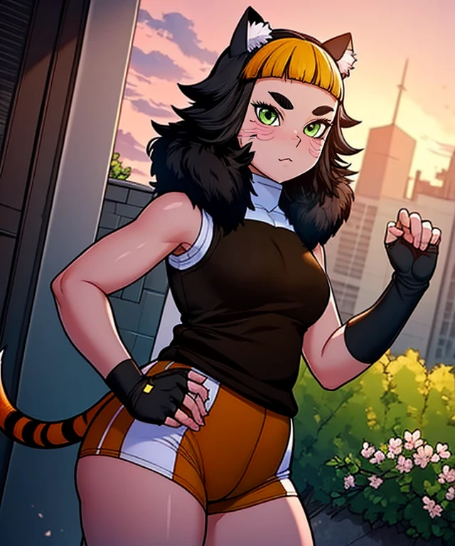 (masterpiece:1.2), official_art, ultra_detailed, (1girl:1.2), (solo:1.2), (PSENekono:1.2), (NekonoOutfit:1.5), (brown_sleeveless_shirt:1.5), (orange_buruma:1.5), (white_fingerless_gloves:1.2), green_eyes, cat_tail, facial_marks, plump, park_sunset, sakura_blossoms, cowboy_shot, (dramatic_lighting:1.2), <lora:PSE_Nekono:0.9>