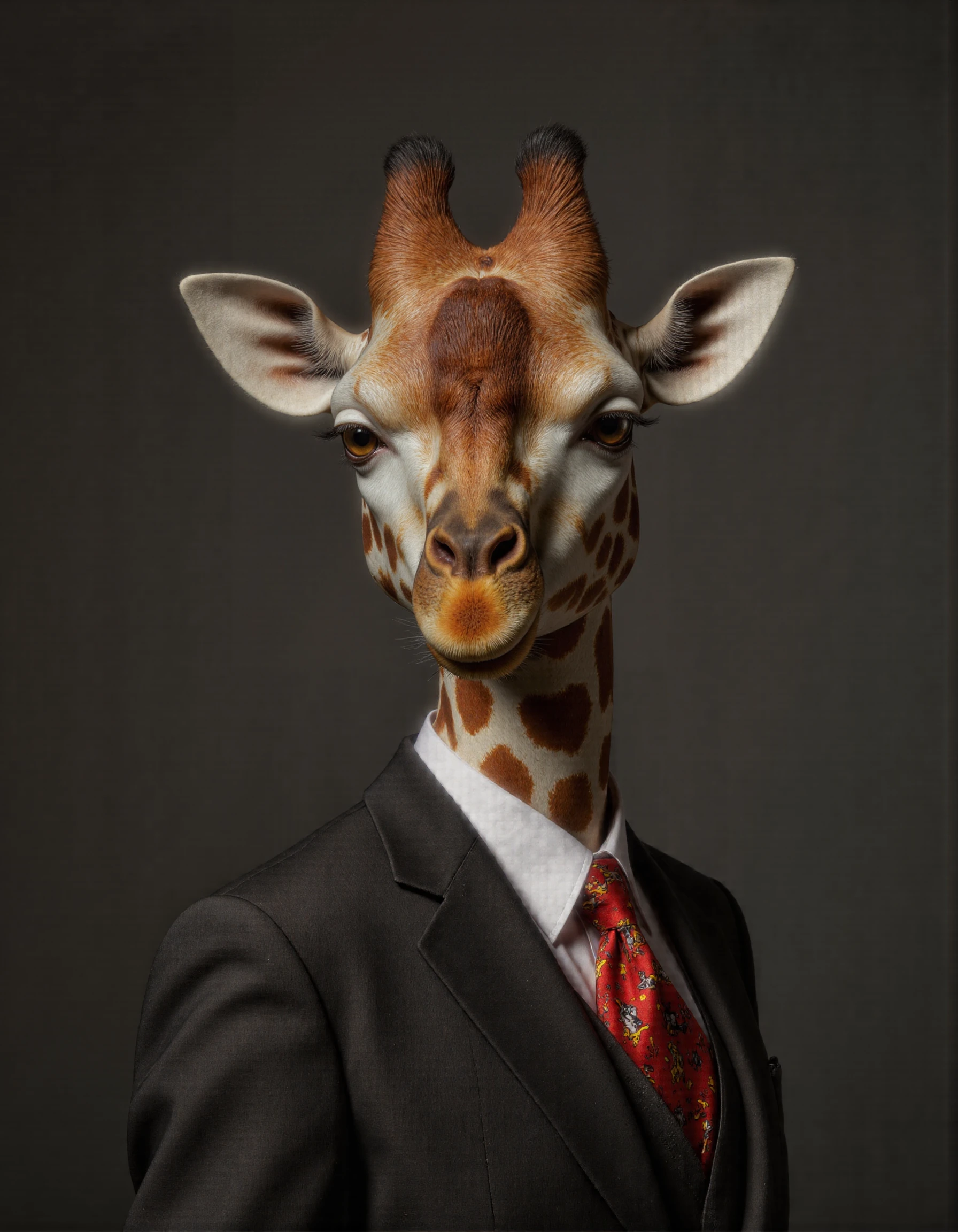 Frida Kahlo style full body shot of <lora:antr:1>, Rembrandt style, This is an ultra-realistic, highly detailed portrait of a giraffe rendered with meticulous attention to texture, lighting, and whimsical contrast. The giraffe stands confidently against a smooth gradient grey background that transitions from a deep charcoal at the bottom to a soft silvery hue near the top, creating a neutral yet dynamic setting that highlights every intricate detail of the subject. The giraffeâs body is tall and elegant, covered in a patchwork of irregular, golden-brown spots that vary subtly in tone and texture. Each spot has a velvety sheen under the soft, diffused lighting, with faint ridges and fine hairs visible along their edges where light catches the coarse surface of its coat. Beneath the patterned skin lies a sense of underlying musculature, emphasized by subtle shadows that trace the contours of its neck, legs, and torso. The skin around its joints and underbelly is smoother and lighter in color, with delicate folds that add a tactile realism to its form. Its face features sharp, lifelike details: large, expressive eyes are framed by long, dark lashes and adorned with intricate patterns unique to each individual giraffe. The eyes shimmer faintly, reflecting hints of amber and hazel that give them a warm, intelligent gaze. Tiny wrinkles radiate outward from the corners of its eyes and mouth, adding depth and character to its expression. Its nostrils flare slightly, capturing the essence of calm alertness, while its lipsâsoft and flexibleâare curled into a gentle, curious smile. The giraffe dons a tailored charcoal-grey business suit that fits snugly over its slender frame, blending professionalism with a touch of surreal humor. The suit jacket is impeccably cut, with sharp lapels and subtle shoulder padding that accentuates its poised demeanor. However, the fabric of the suit is anything but ordinaryâit features a playful pattern of dancing Mickey Mouse figures, rendered in vibrant shades of red, yellow, and black. Each Mickey figure strikes a different pose, mid-twirl or mid-jump, creating a lively, almost animated effect across the otherwise formal attire. Beneath the suit jacket, the giraffe wears a crisp white dress shirt, slightly rumpled as if it's been worn through a busy day. A bright red silk tie completes the ensemble, knotted neatly at its throat, though one end hangs slightly askew, hinting at a carefree attitude despite the polished appearance. The tie is adorned with tiny embroidered Mickey silhouettes, tying the whimsical theme together seamlessly. Lighting plays a crucial role in this piece, with soft, even illumination casting gentle shadows that accentuate the giraffe's three-dimensional form. Subtle highlights run along the ridges of its ossicones (the horn-like structures atop its head), the curve of its ears, and the raised fibers of its fur, while deeper shadows pool within the folds of its skin and the creases of its clothing. This interplay of light and shadow creates a masterfully realistic rendering, drawing the viewerâs eye to the intricate textures and imperfections that define the giraffe's character. Every element of this portraitâfrom the carefully crafted texture of the giraffe's spotted coat to the whimsical dancing Mickeys on its business suitâhas been meticulously designed using advanced CGI techniques combined with photorealistic textures. The result is an unparalleled level of realism that blurs the line between digital art and photography, inviting viewers to linger over the smallest details and marvel at the juxtaposition of sophistication and playfulness in this unconventional yet compelling subject. . Baroque, chiaroscuro, realistic, emotional, "flat lighting. Whole outfit, clear, sharp, balanced . Surrealist, autobiographical, vibrant, symbolic, "Realist