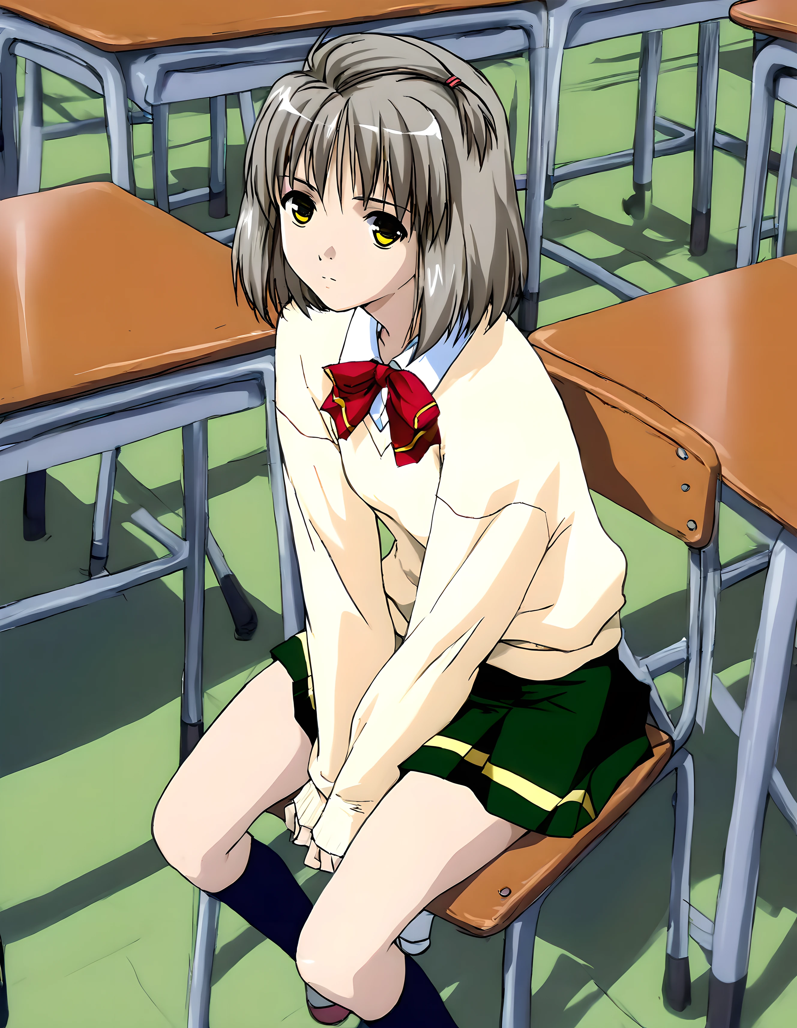 <lora:pony_xl_hitomi:0.8>,hitomi,score_9,score_8_up,score_7_up,source_anime,1girl,hair ornament,school_uniform,yellow sweater,long sleeves,sleeves past wrists,collared_shirt,red ascot,green skirt,black kneehighs,classroom,looking_at_viewer,sitting_on_chair,expressionless,