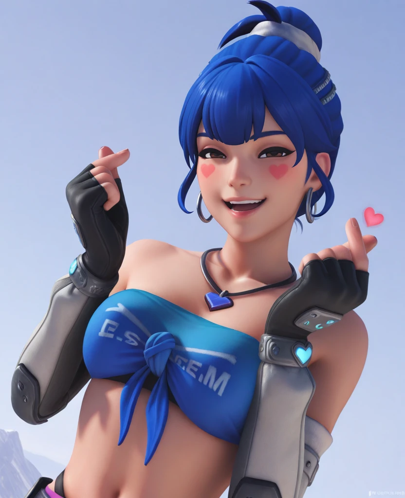 <lora:illustriousXL_stabilizer_v1.23:0.6> , highres, absurdres, 3d, <lora:DVA_FEARLESS_ILLUS:0.8>, dv2, 1girl, blue hair, single hair bun, brown eyes, facial mark, tube top, front-tie top, elbow gloves, hoop earrings, portrait, looking at viewer, necklace, finger heart, half-closed eyes, smile, open mouth, midriff, fingerless gloves, panty straps, heart