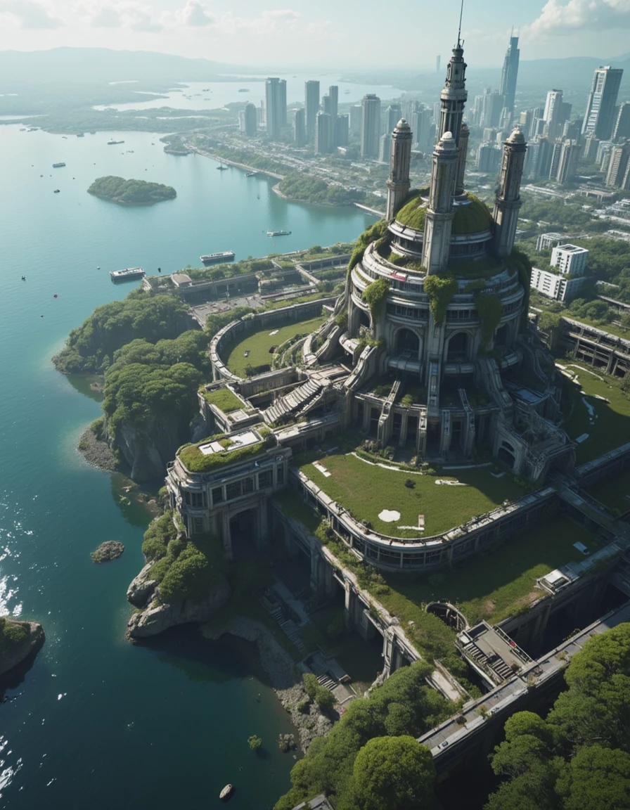 <lora:SWL_Stations1flux:1> lostst1, photo, field of view, cyberpunk, sea, abandoned cityscape, aerial view, scientific complex