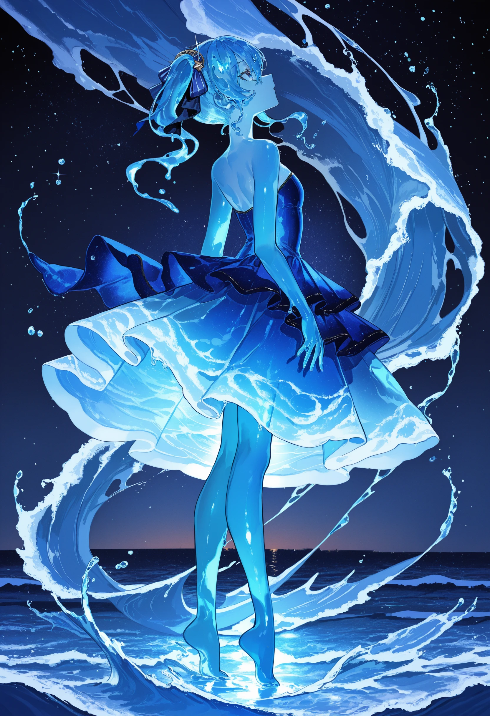 water dress, slime girl, hoshimachi suisei, artist:[ekrea jan|sakoku \(oyatsu3ji \)|yoneyama mai|fuzichoco|quasarcake],
1girl, blue skin, solo, liquid hair, side ponytail, blue hair, blue dress, barefoot, tiptoes, nsfw, full body, strapless dress, blue eyes, bare shoulders, profile, looking up, standing, waves, from side, bare arms, bare legs, water, hair ornament, night sky, breasts, hair between eyes, rotational symmetry, 
masterpeice, best quality, very aesthetic, absurdres